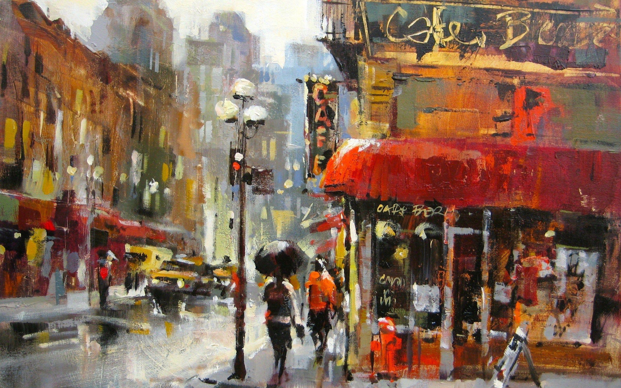 2560x1600 City Street Rain Painting wallpaperx1600
