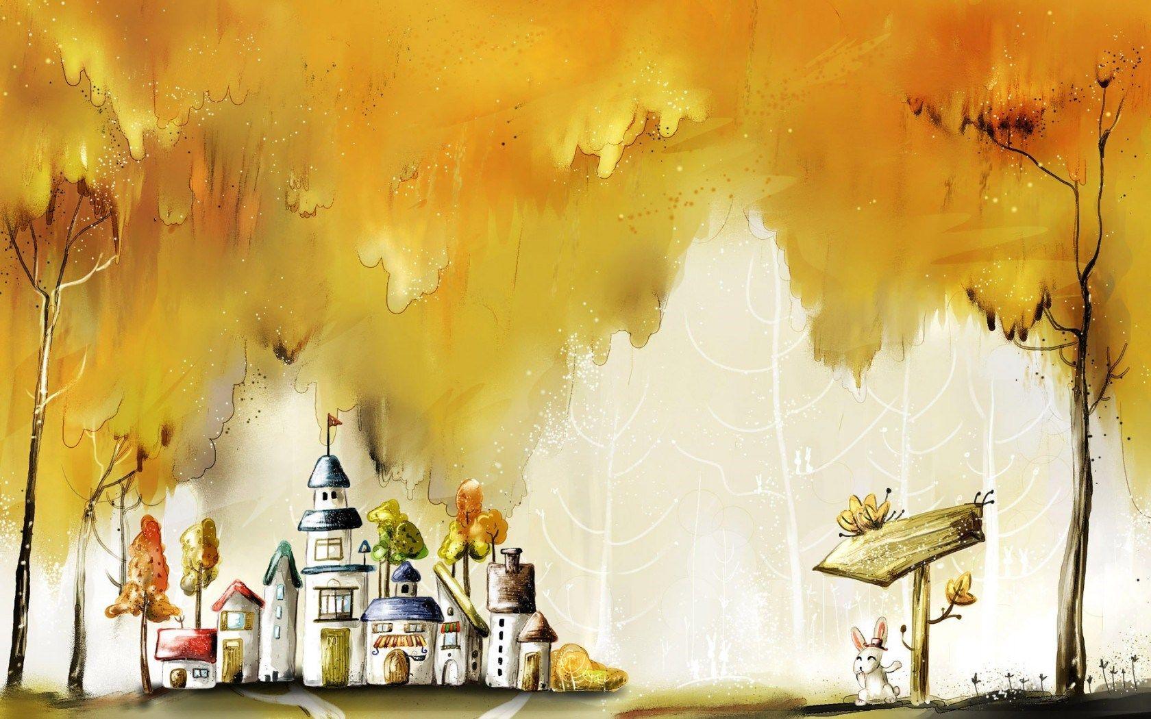1680x1050 City Houses Autumn Trees Bunny Fairy Tale Drawing Painting