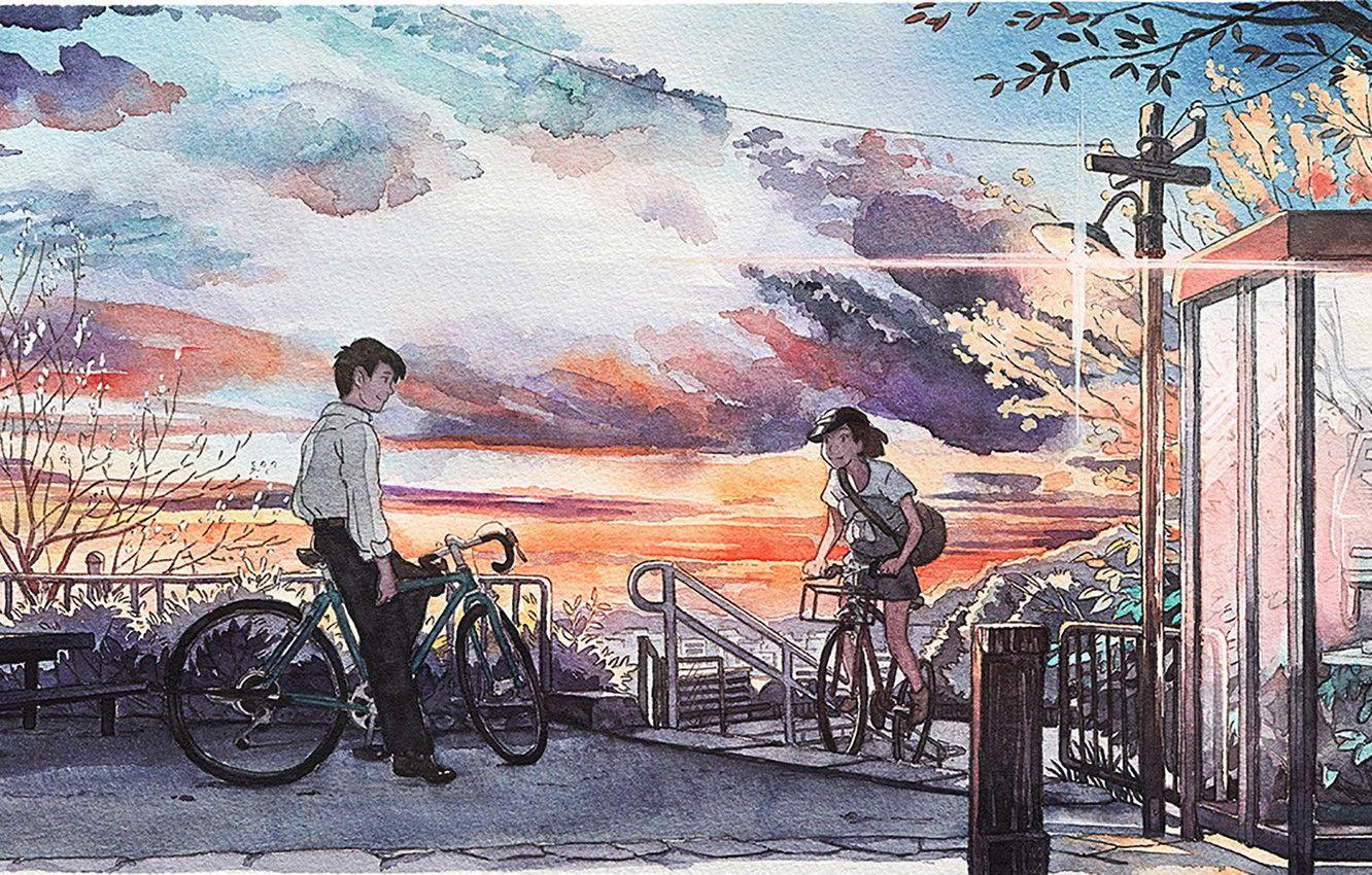 1332x850 Wallpaper bike, the city, meeting, Japan, watercolor image