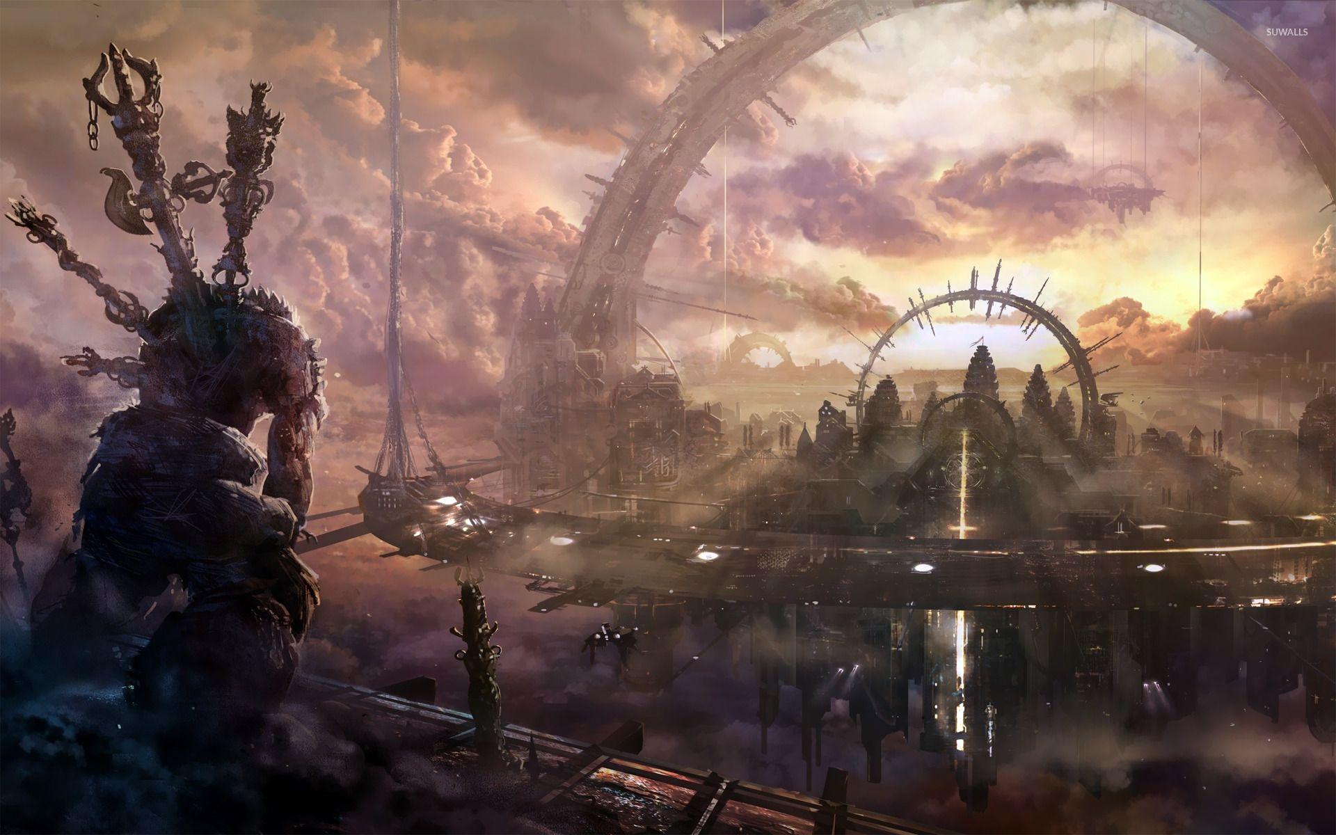 1920x1200 Monster in a floating city wallpaper wallpaper