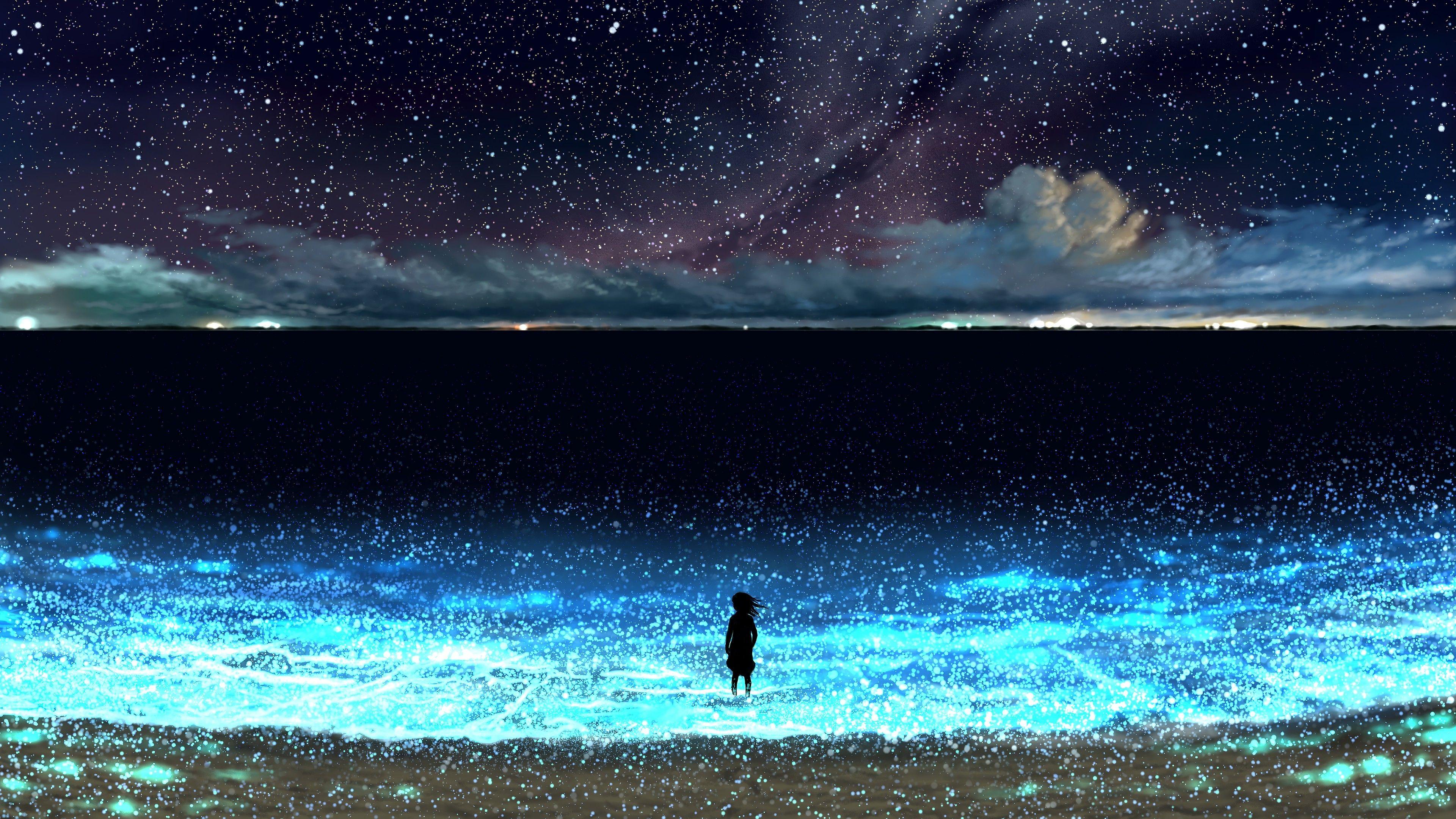 3840x2160 Anime, Night, Sky, Stars, Beach, Scenery, 4K wallpaperk