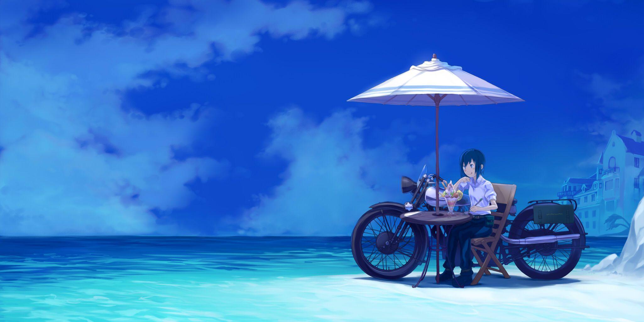 2050x1025 Girl On A Beach With A Bike Wallpaperx1025