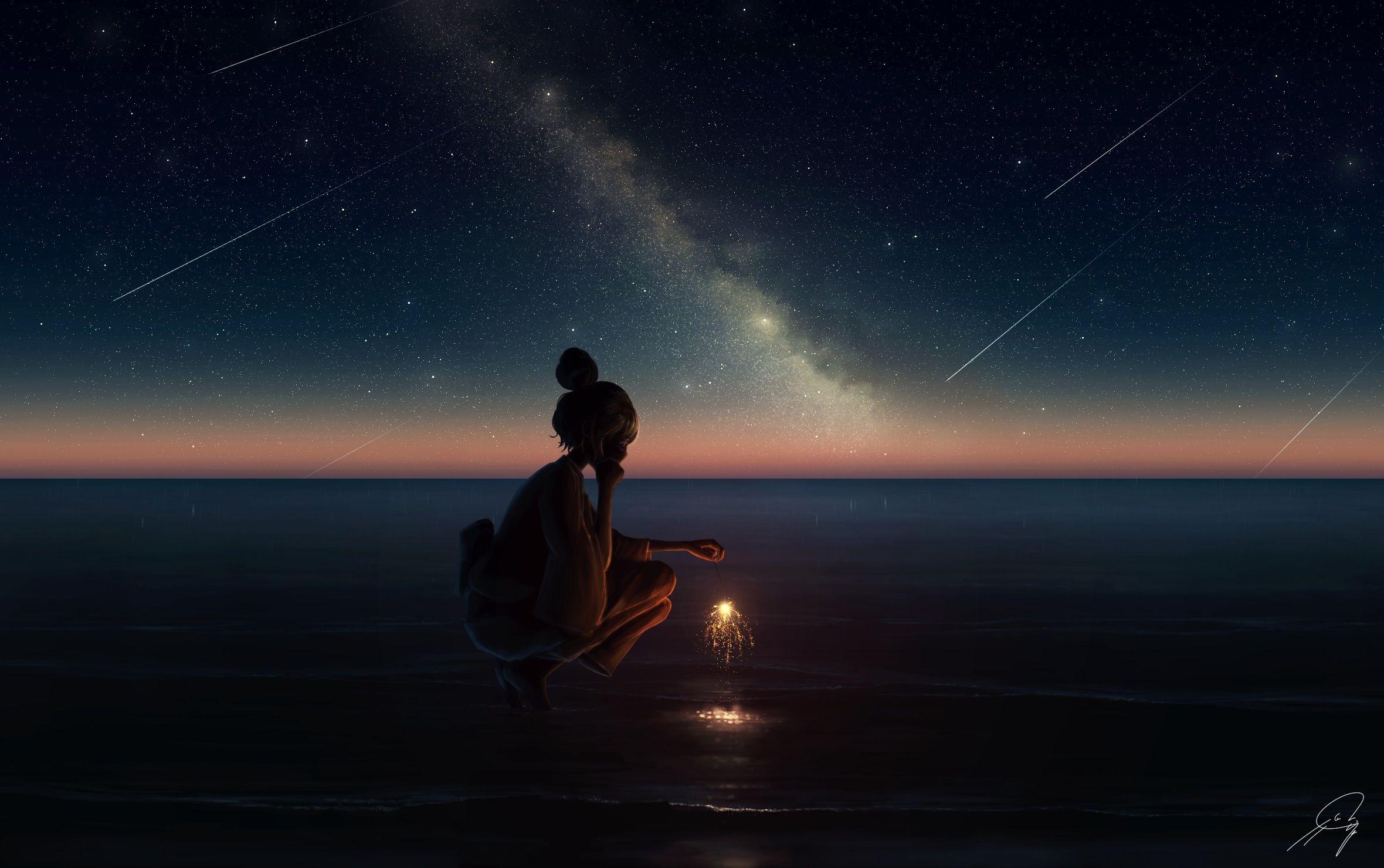 2360x1480 Download 2360x1480 Anime Girl, Festival, Yukata, Beach, Falling