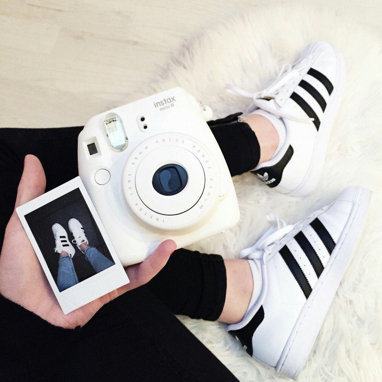 1280x1280 aesthetic, white, adidas. Instax camera, Polaroid photography