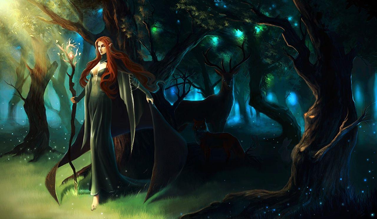 1280x745 Desktop Wallpaper Deer sorcery Mage Staff Elf Fantasy young woman