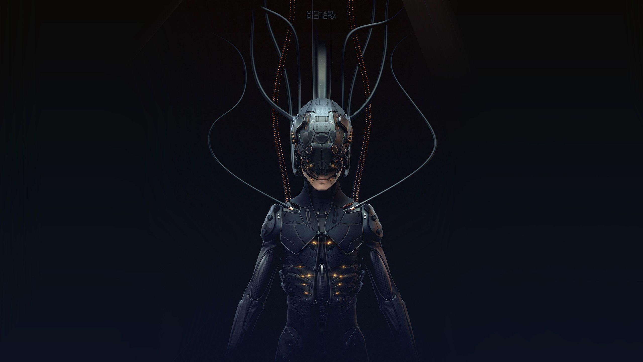 2560x1440 Wallpaper Cyberpunk cyborg, black background 2560x1600 HD
