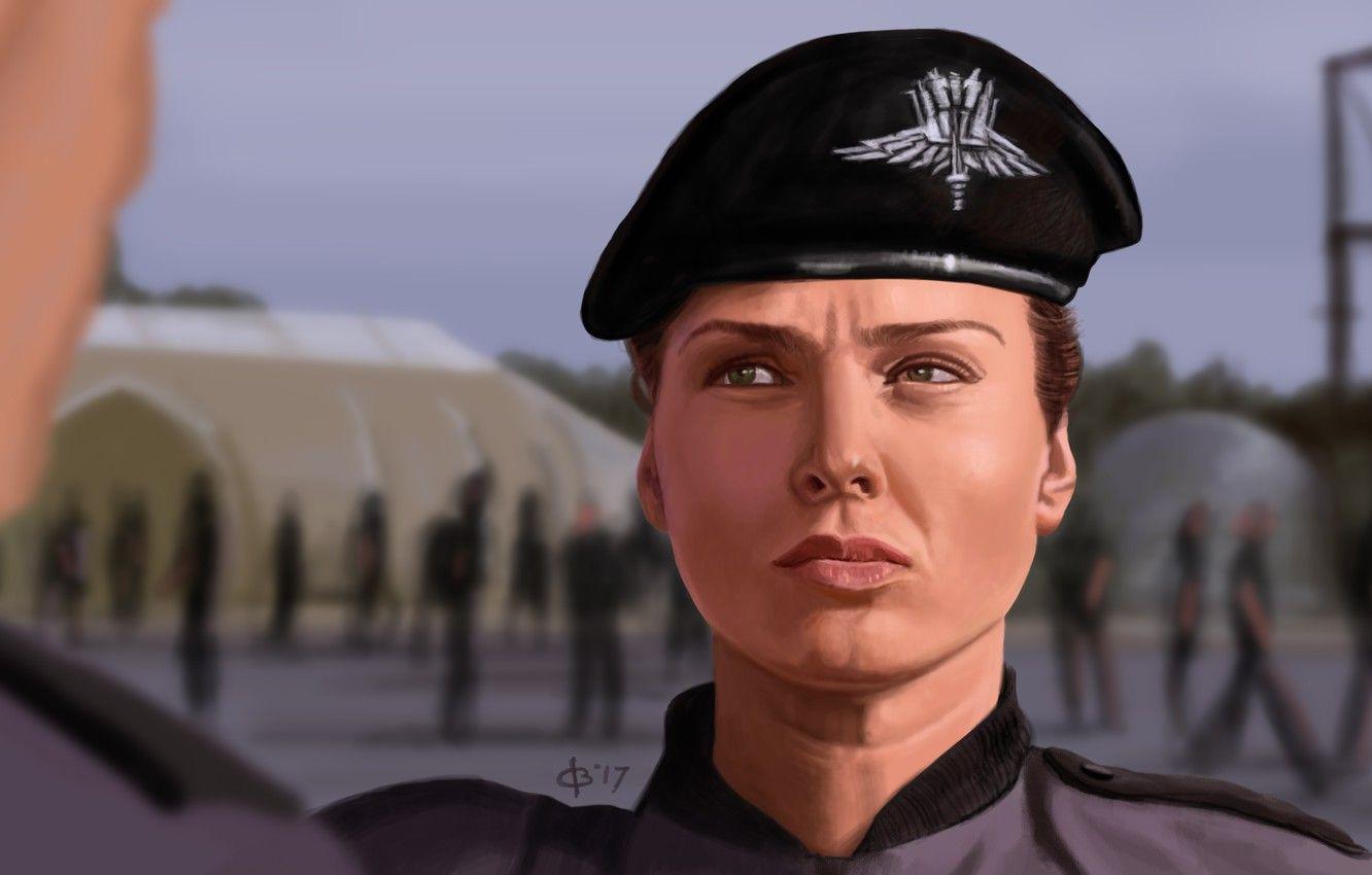 1332x850 Wallpaper girl, art, soldiers, Starship Troopers, Starship