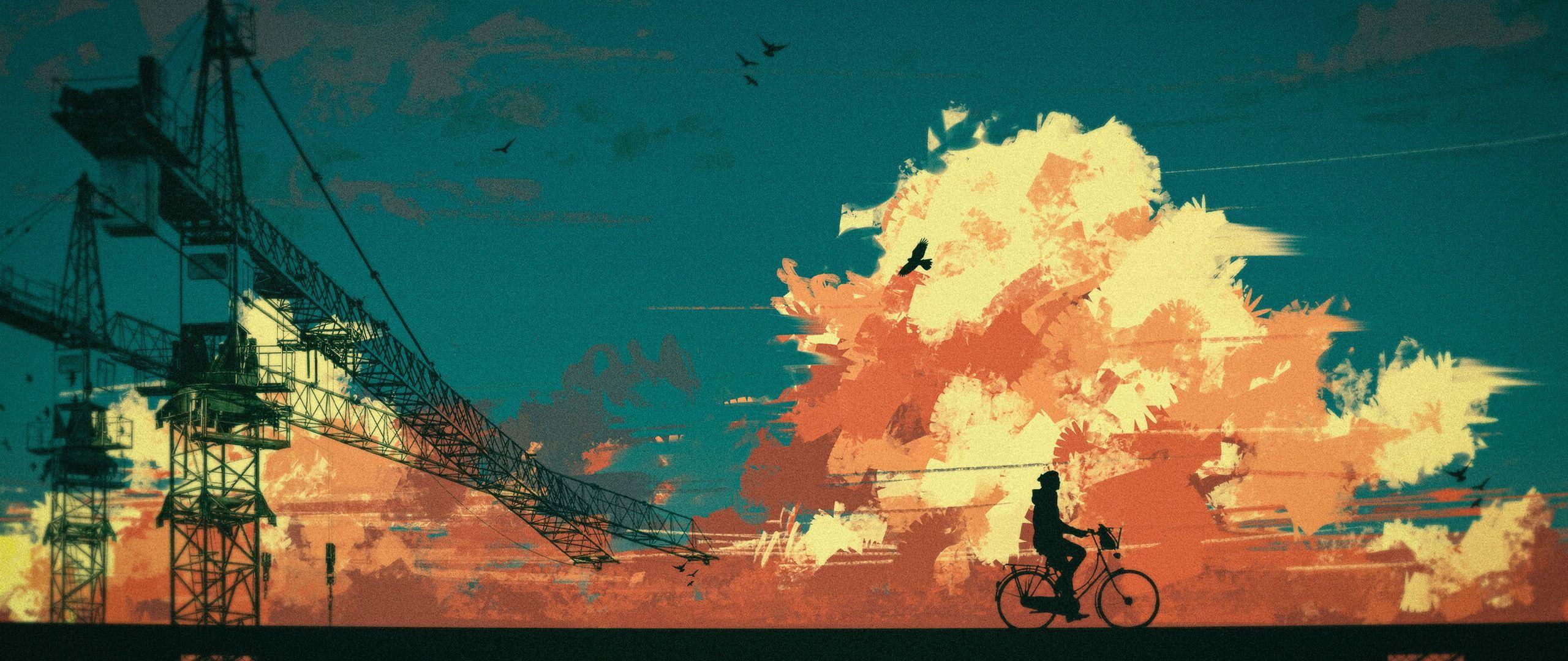 2560x1080 Download wallpaper 2560x1080 cyclist, silhouette, bicycle, clouds