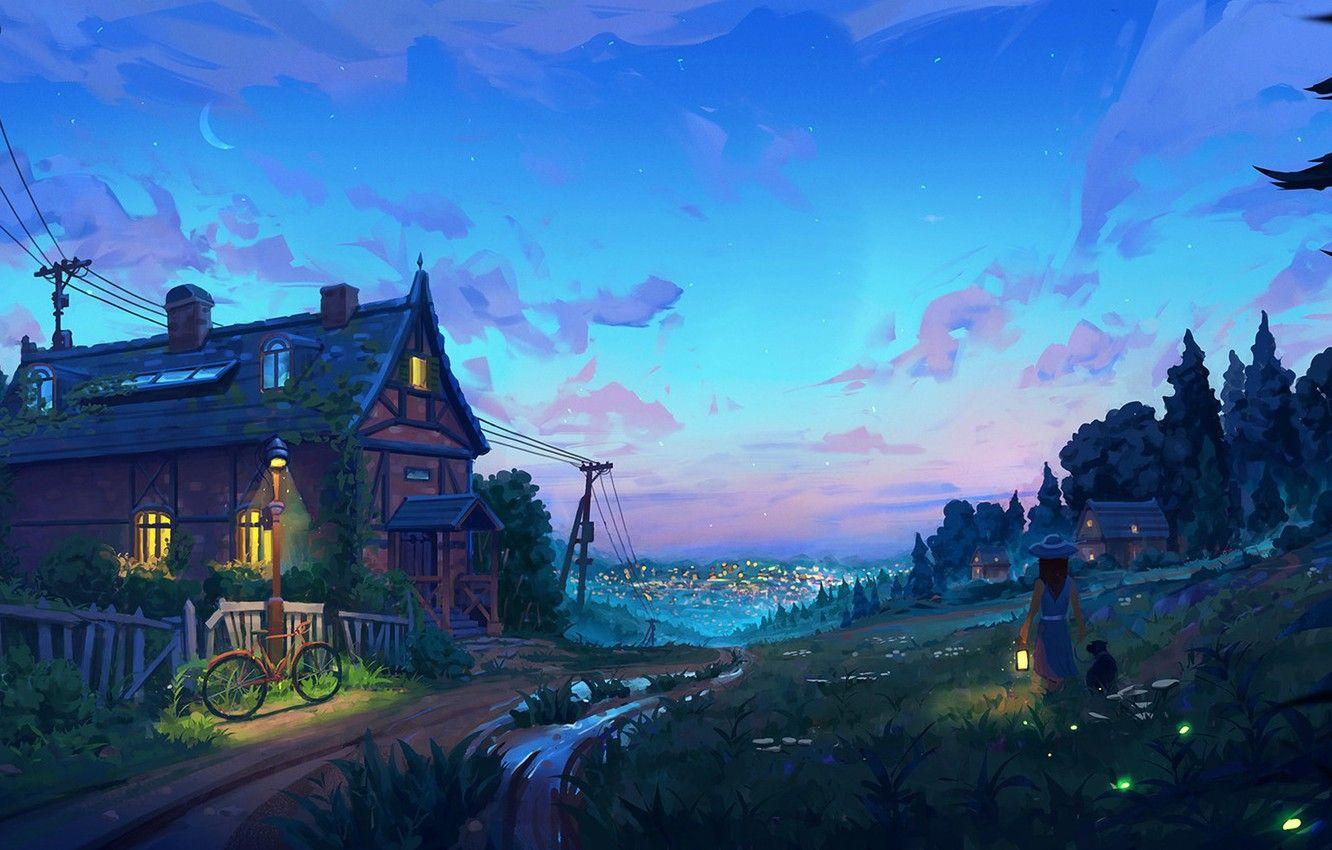 1332x850 Wallpaper city, lights, girl, moon, forest, bicycle, twilight