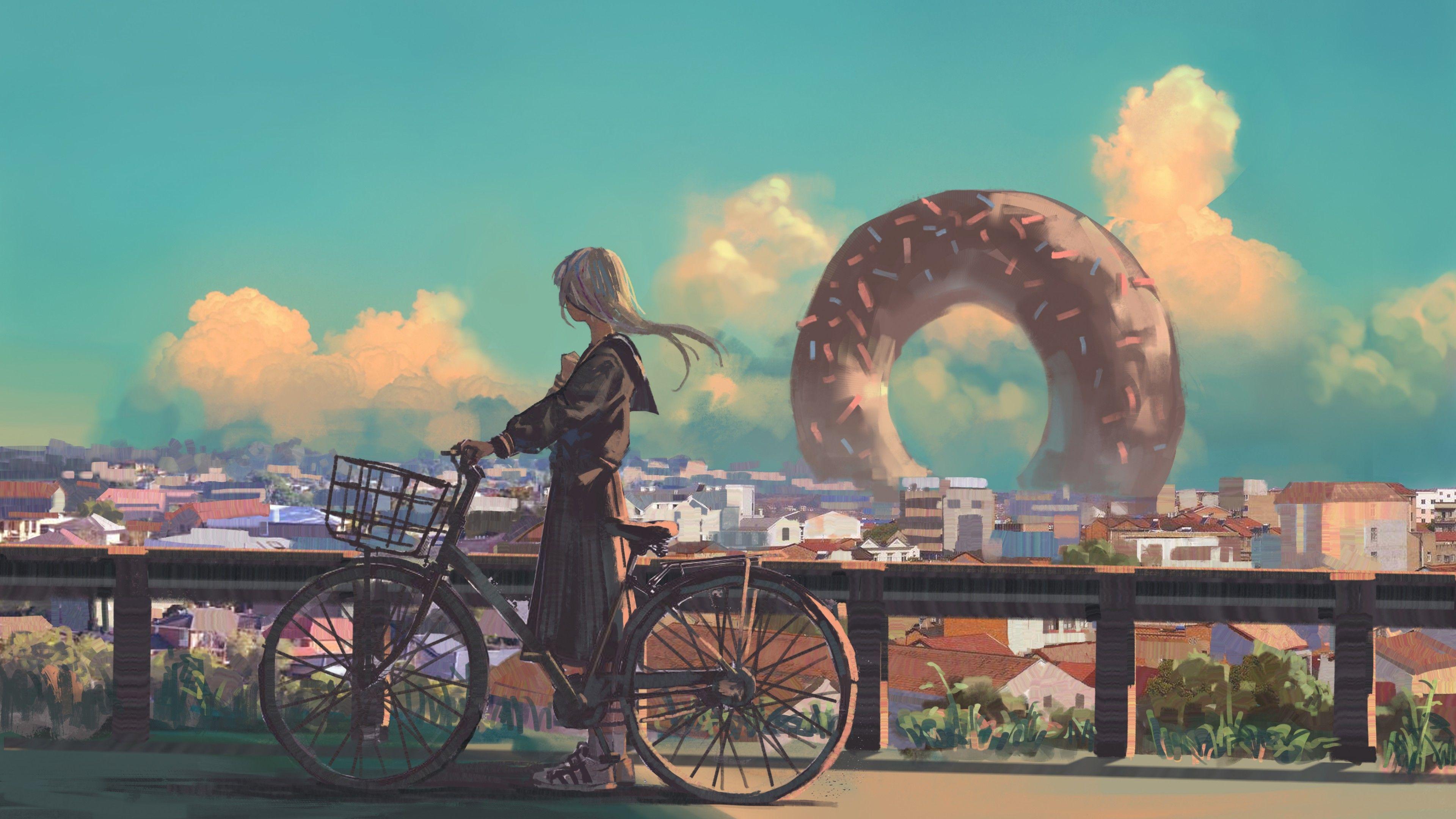 3840x2160 Wallpaper girl, bicycle, city, 4K, Art