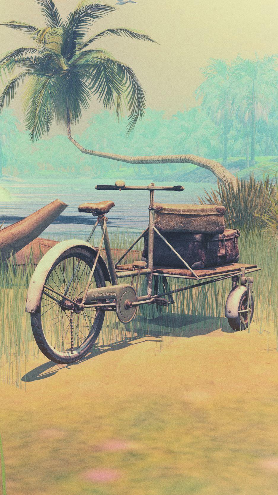 938x1668 Download wallpaper 938x1668 palm tree, art, lagoon, beach, bicycle