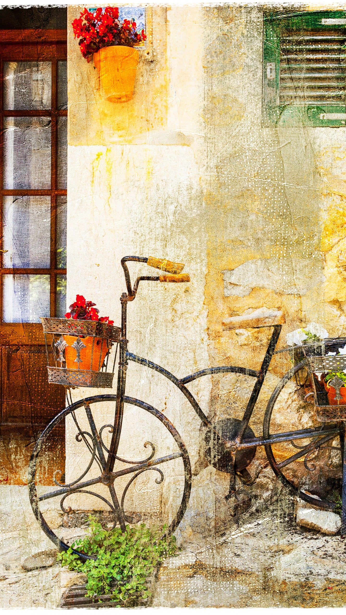 1440x2560 Wallpaper Bicycle, vintage, old house, 8K, Art