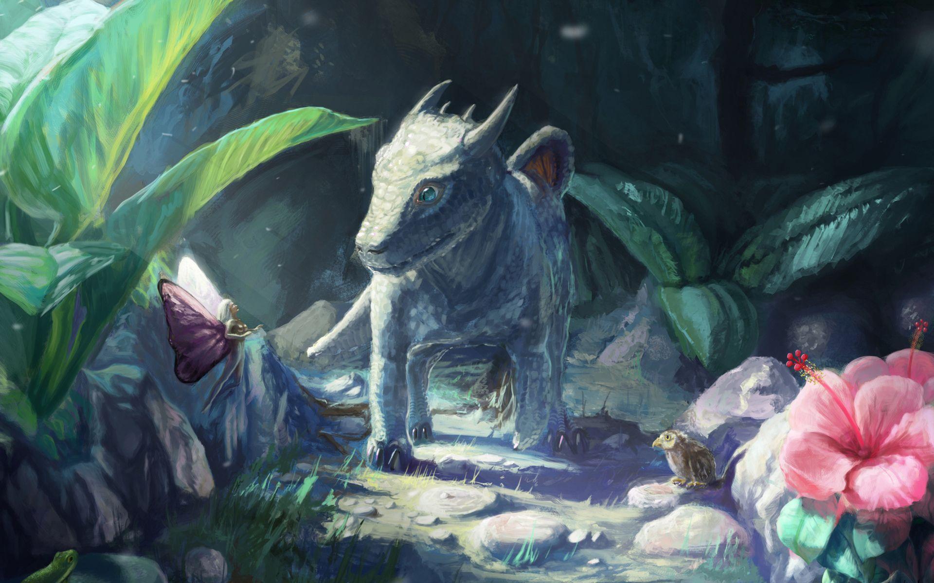 1920x1200 Fantasy art dragon fairy creature monster flowers wallpaper