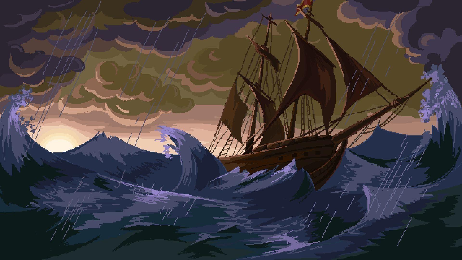 1920x1080 pixels, Pixel art, Ship, Sea, Waves, Storm, Rain, Clouds Wallpaper HD / Desktop and Mobile Background