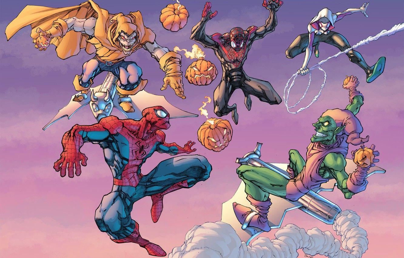 1332x850 Wallpaper Green Goblin, Spider Man, Doctor Octopus, Spider Gwen