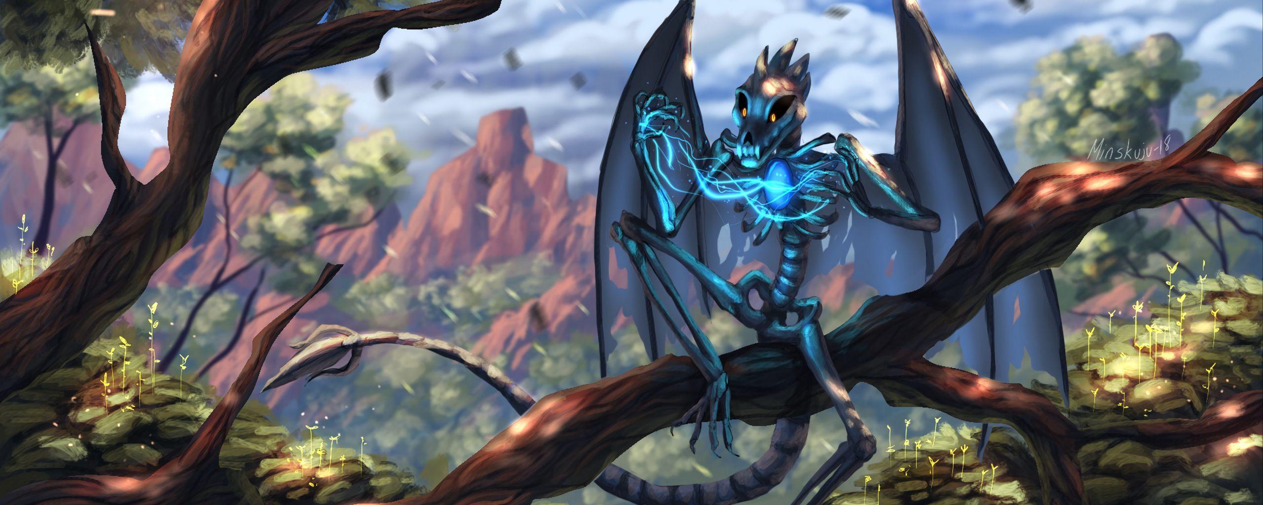 2560x1024 Download wallpaper 2560x1024 dragon, skeleton, wings, creature
