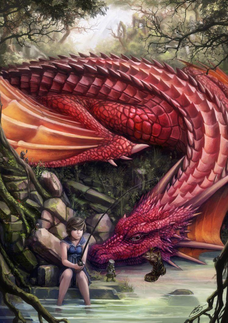 748x1058 fish, 2d, Girl, Dragon, Frog, Magical, Fishing, Female, Woman