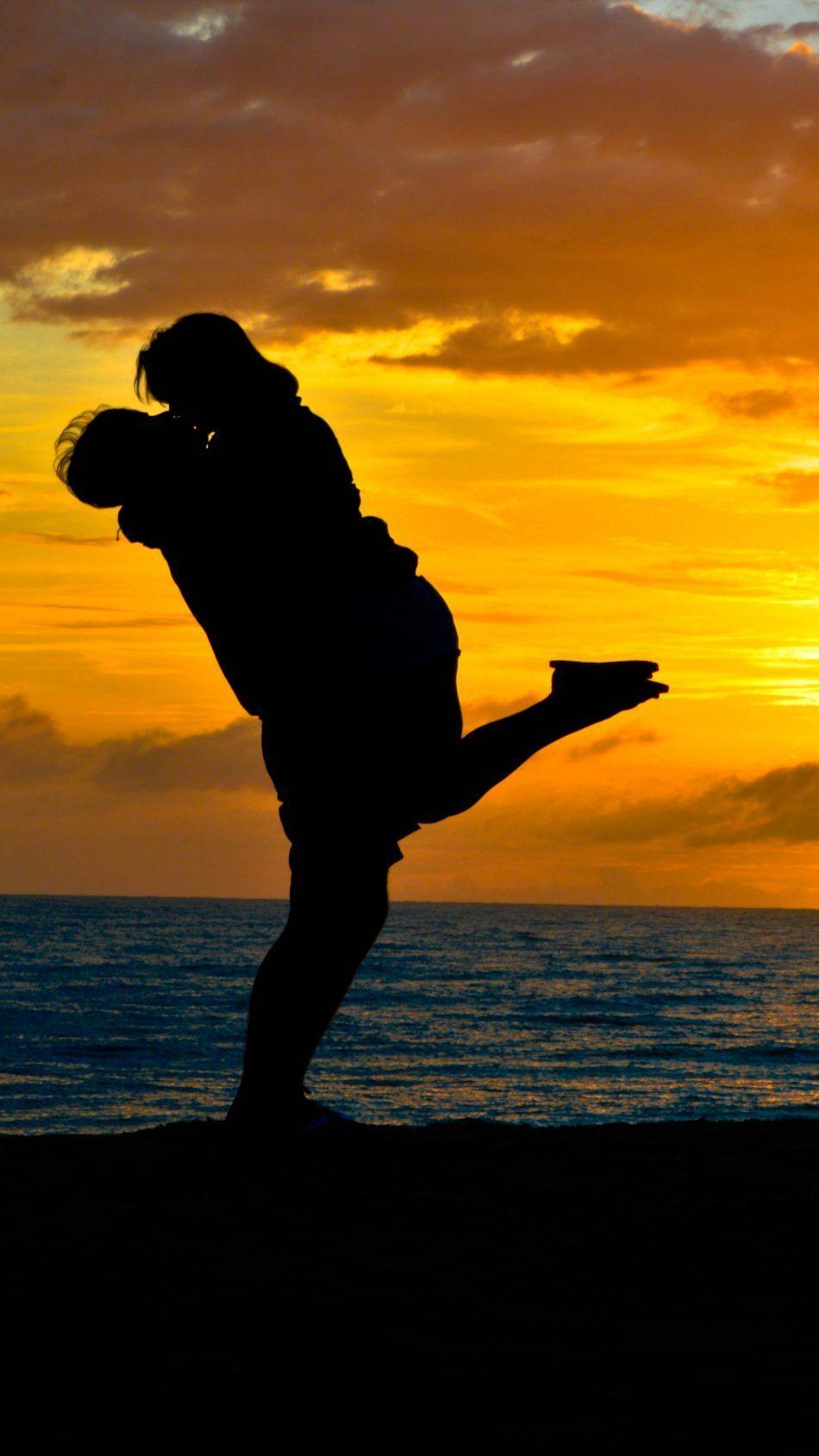 950x1689 Couple Romantic Kiss Sea Sunset Silhouette. Sunset silhouette