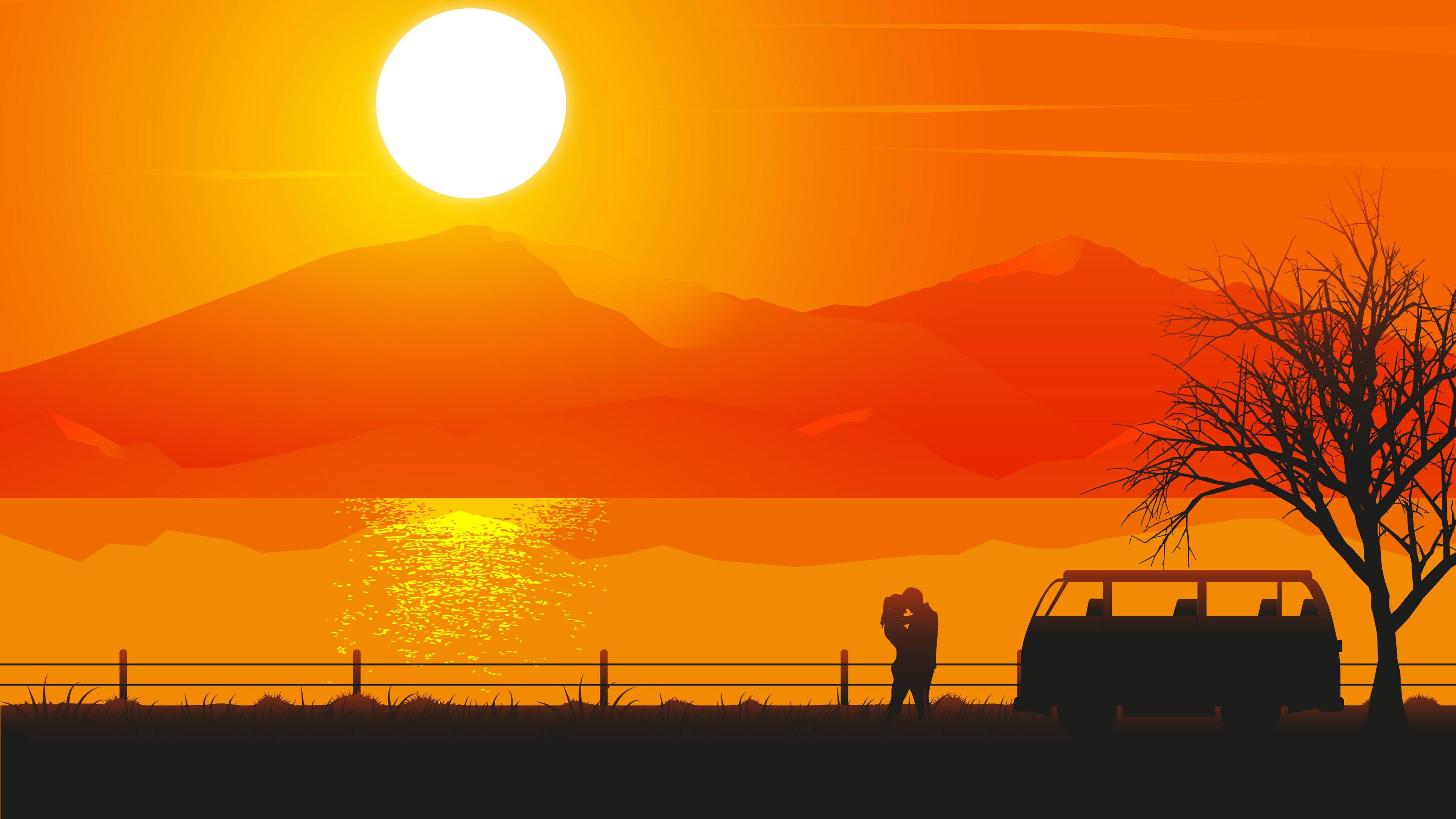3840x2160 Romantic Couple Sunset Silhouette 4K Wallpaper. HD Wallpaper
