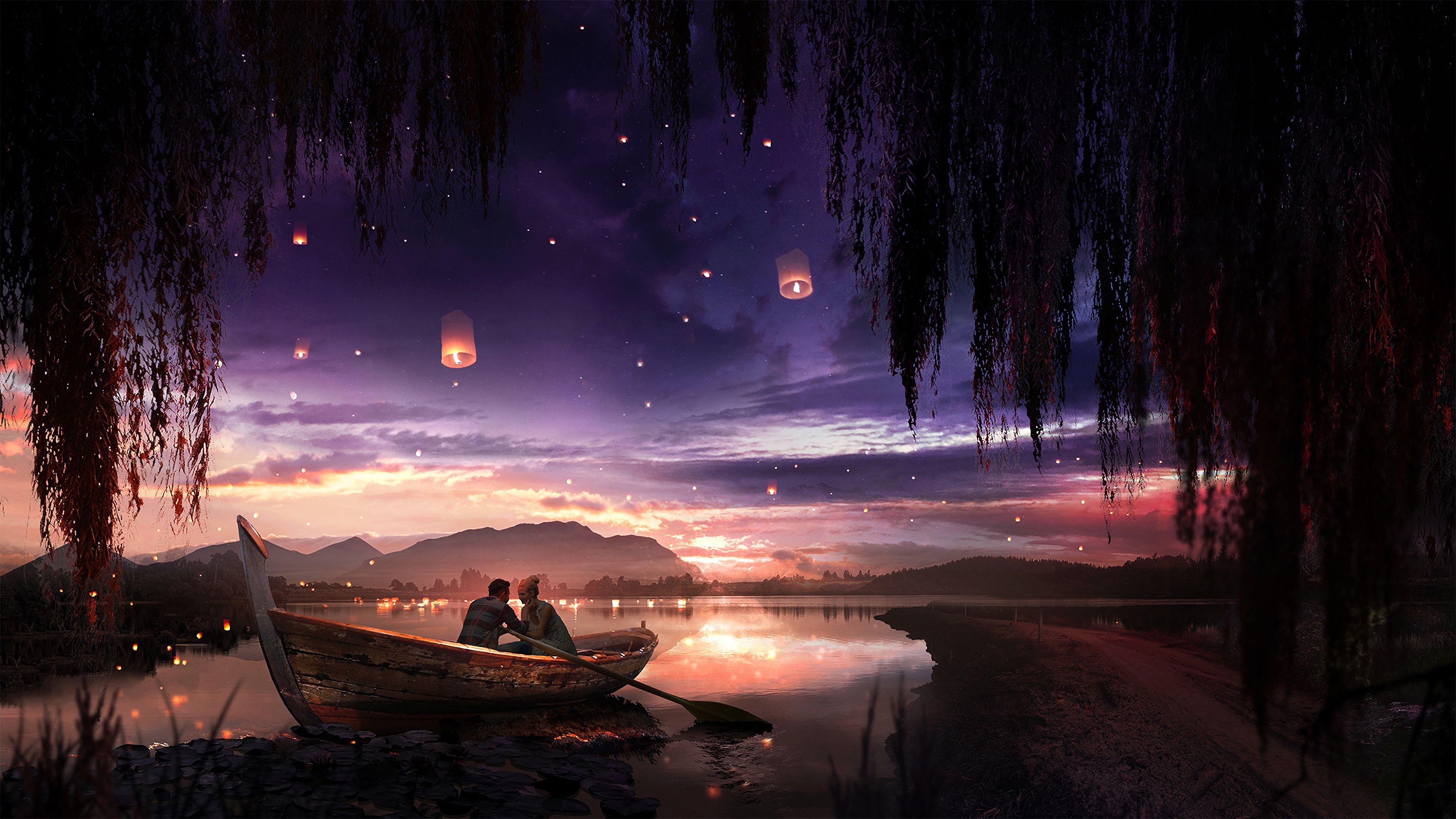 3840x2160 Wallpaper 4k boat, couple, stars, night, romance, art 4k Boat