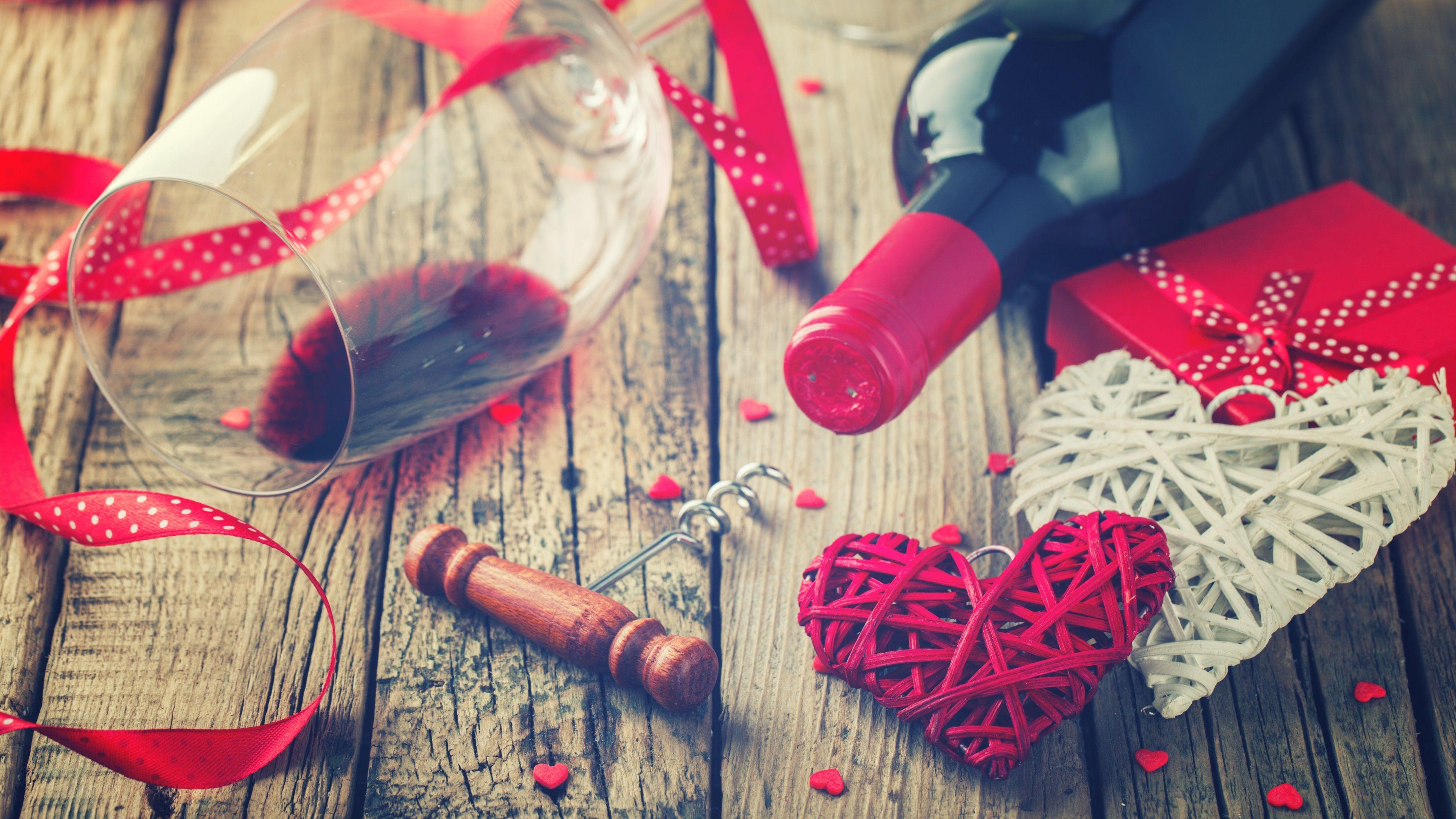 3840x2160 Wallpaper Valentine's Day, romantic, love hearts, wine, glass cup