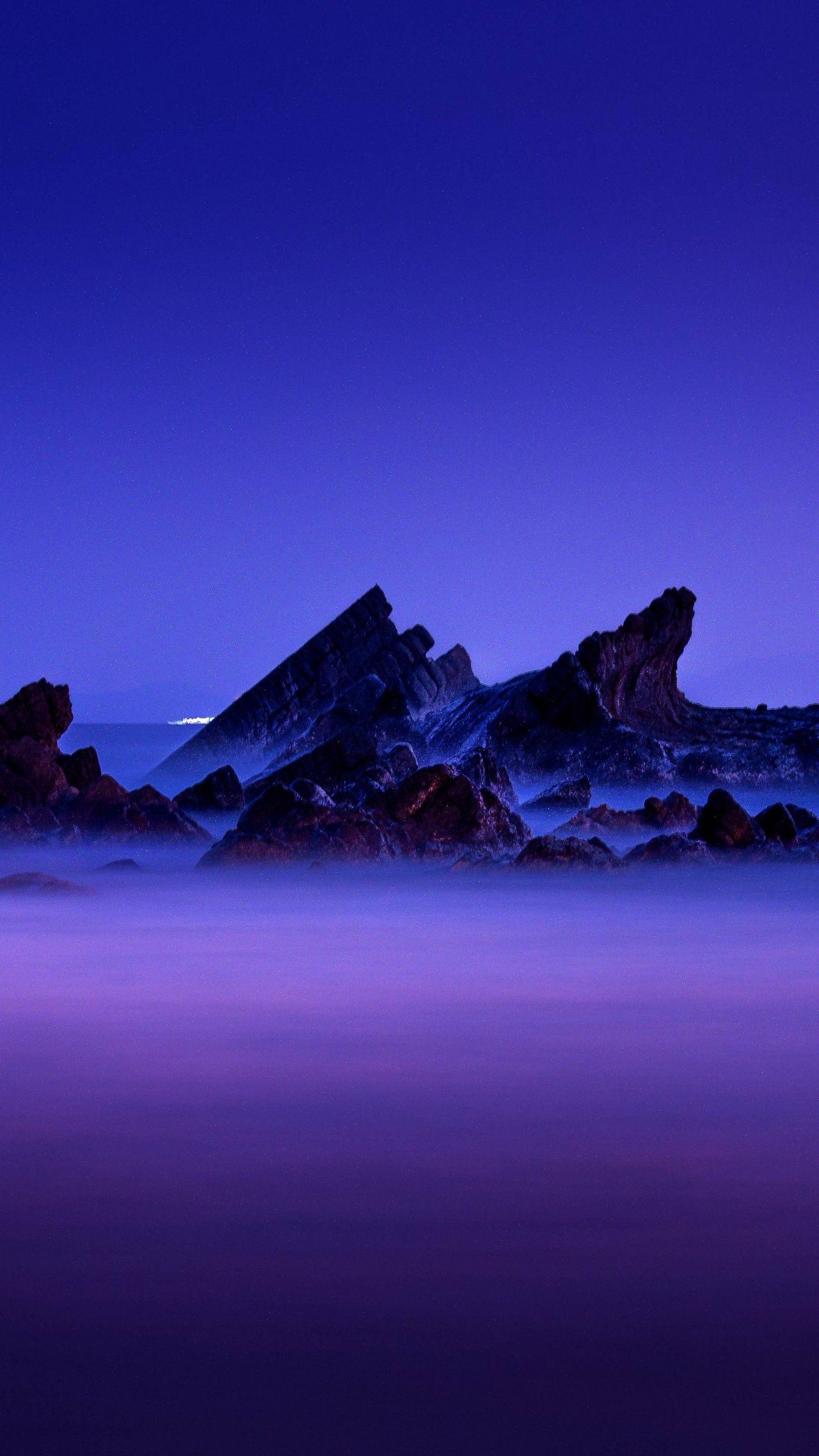 1440x2560 Wallpaper Purple sky, Sunset, Rocks, Beach, Seascape, HD, 4K, 8K