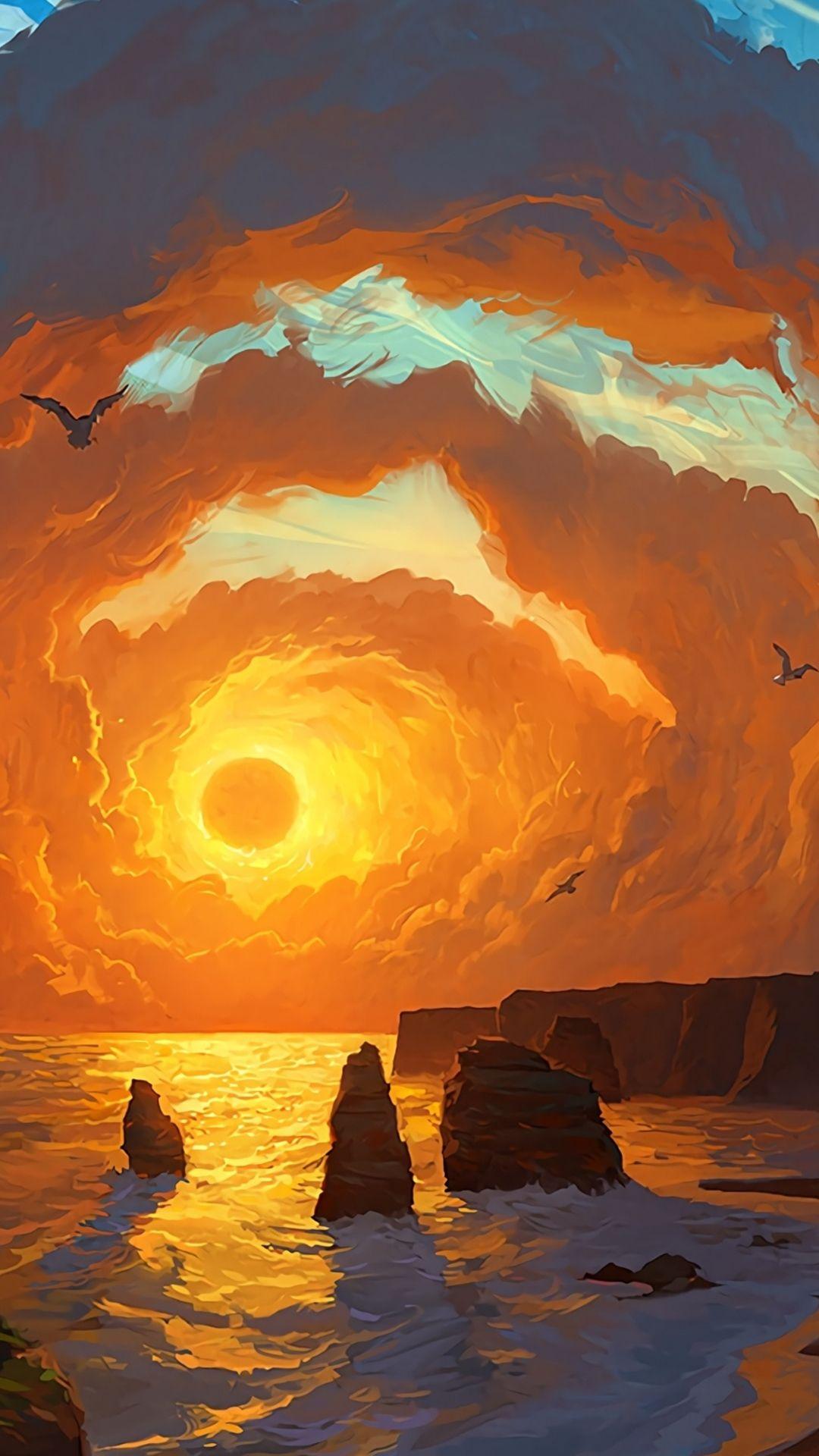 1080x1920 Landscape Sea Sunset Clouds Wallpaper