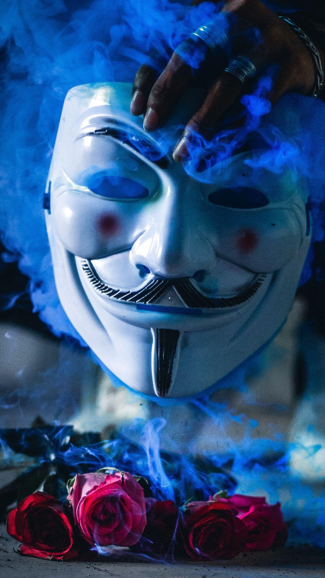 1080x1920 Anonymous Mask Burning Rose 4k Wallpaper