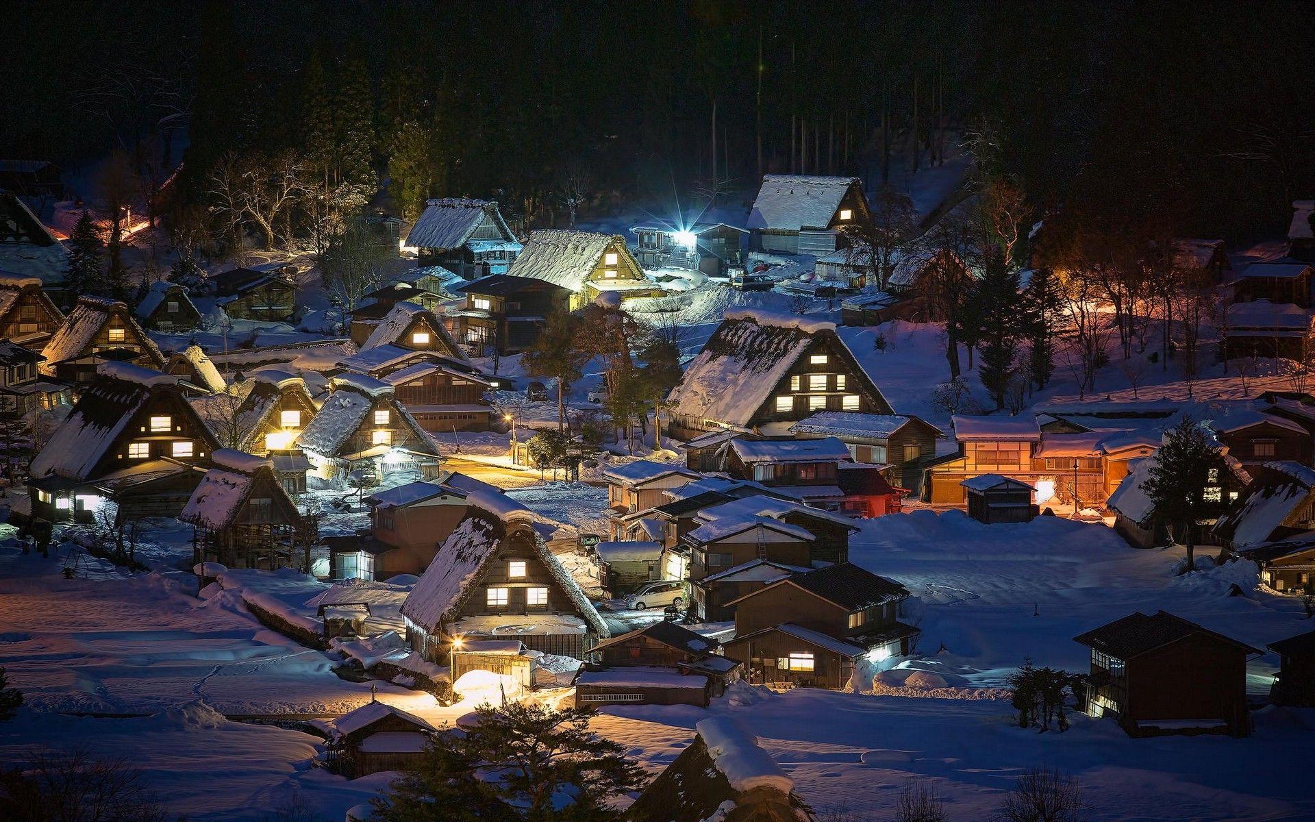 1920x1200 landscape, Nature, Village, Lights, Japan, Snow, Winter, Night, Trees, House, Shirakawa go Wallpaper HD / Desktop and Mobile Background