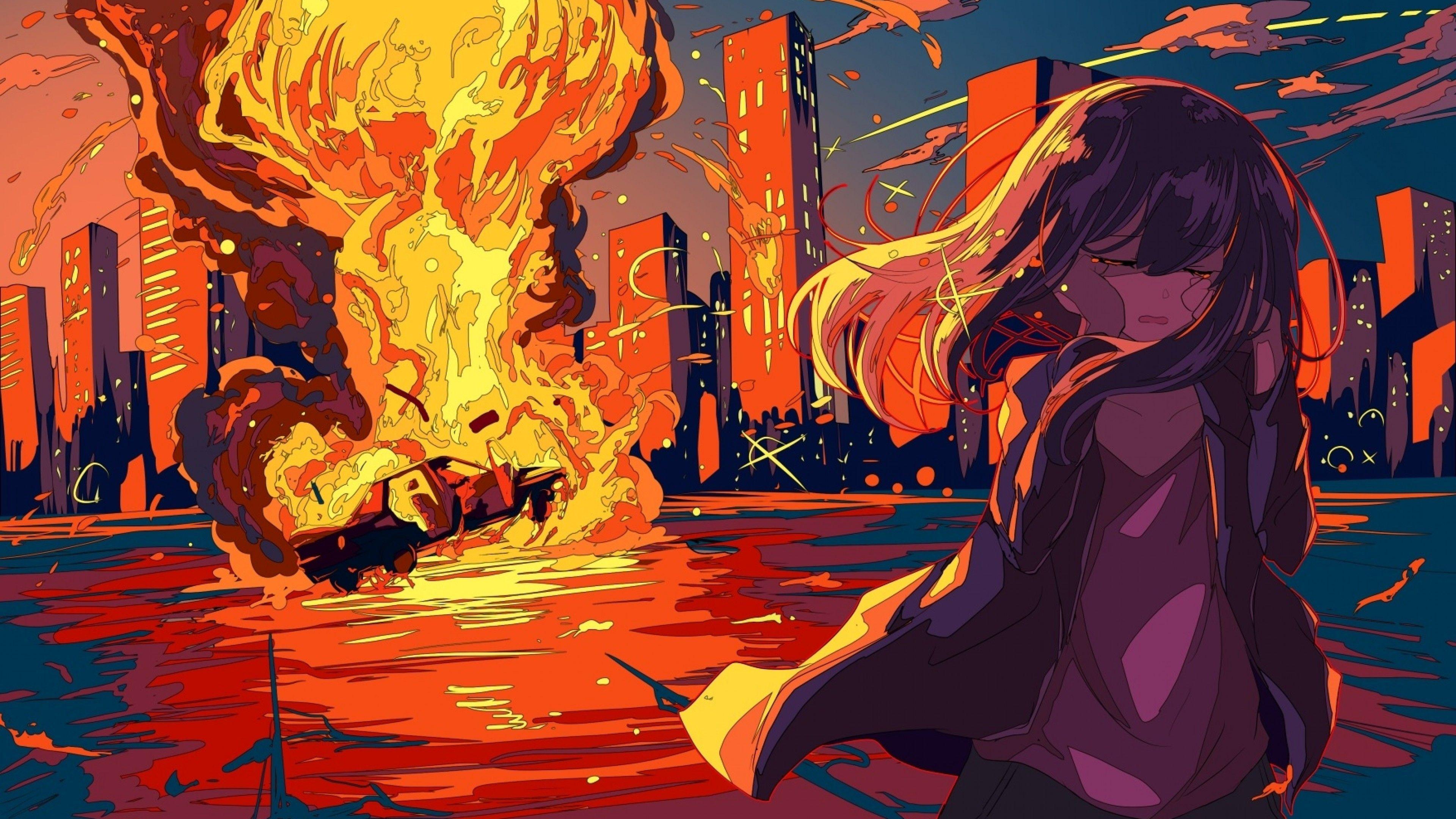 3840x2160 Download 3840x2160 Crying, Anime Girl, Car Explosion, Flames