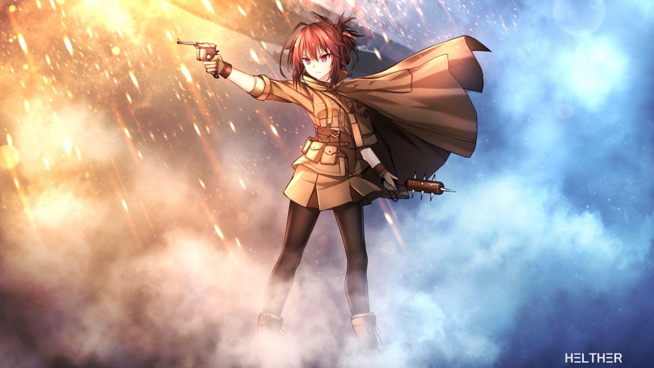 2560x1440 Download 2560x1440 Battlefield Anime Style, Girl, Gun, Cape