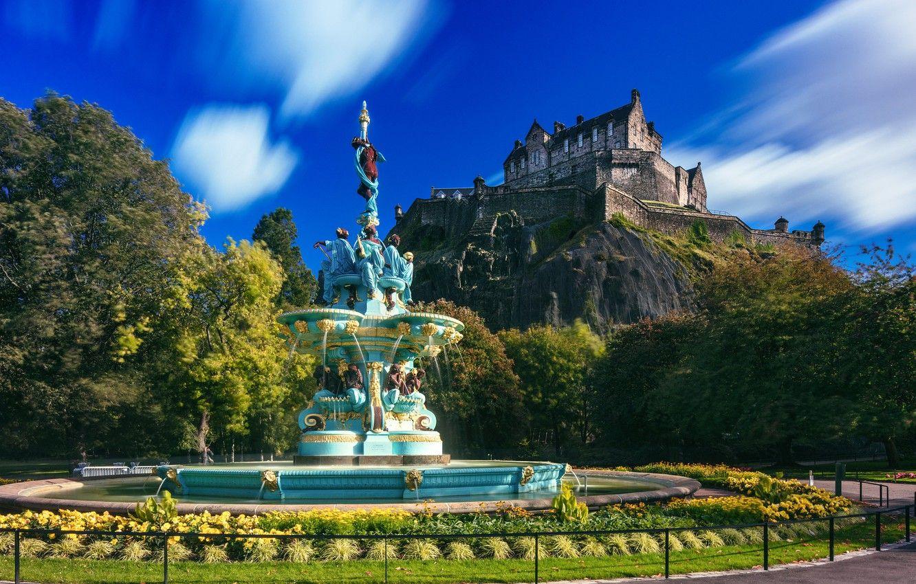 1332x850 Wallpaper trees, rock, Park, castle, Scotland, fountain, Scotland