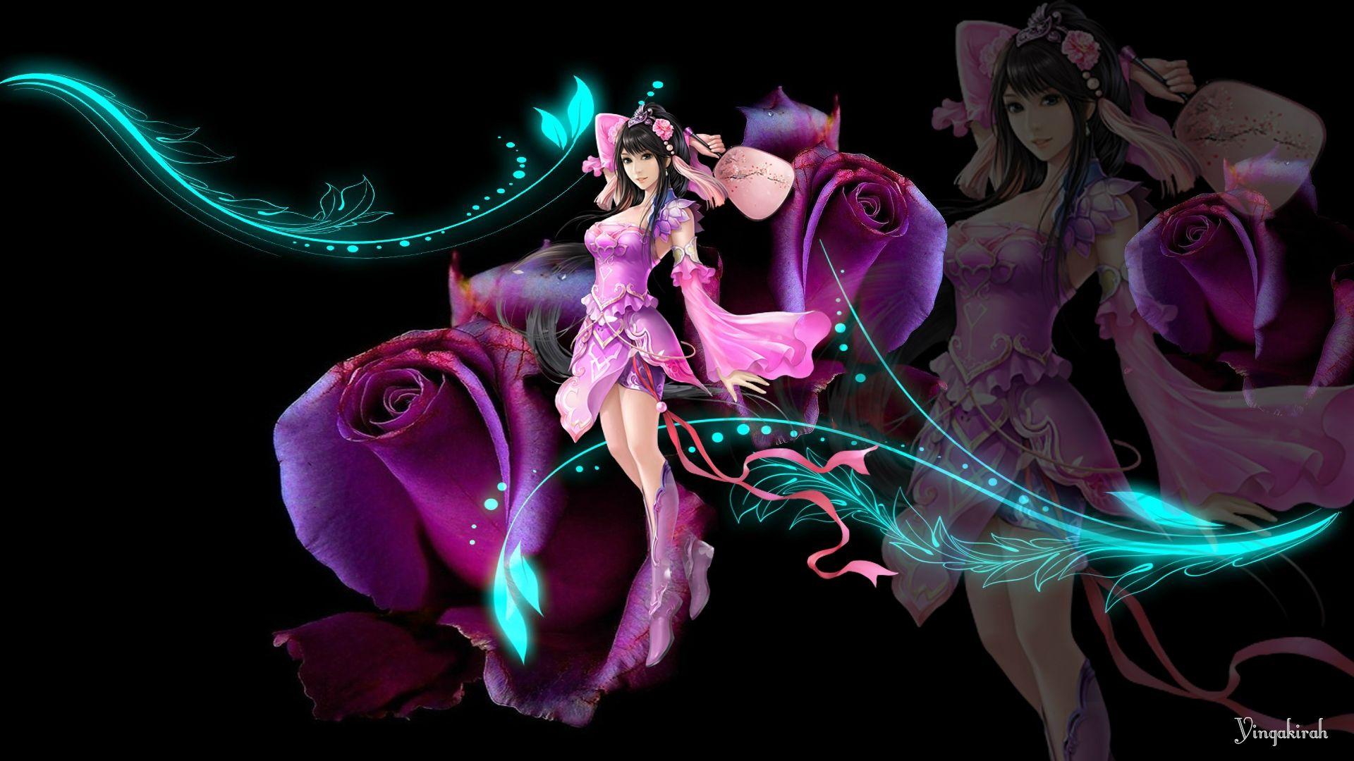1920x1080 Woman Black Hair Pink Dress desktop PC and Mac wallpaper