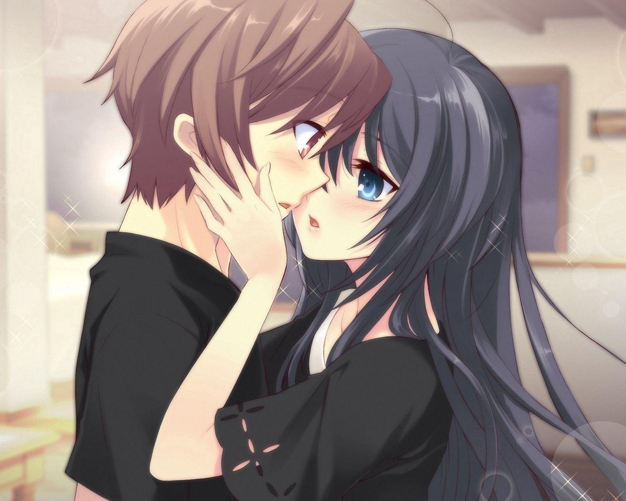 1280x1024 Download wallpaper 1280x1024 anime, boy, girl, tenderness, kiss, room standard 5:4 HD background