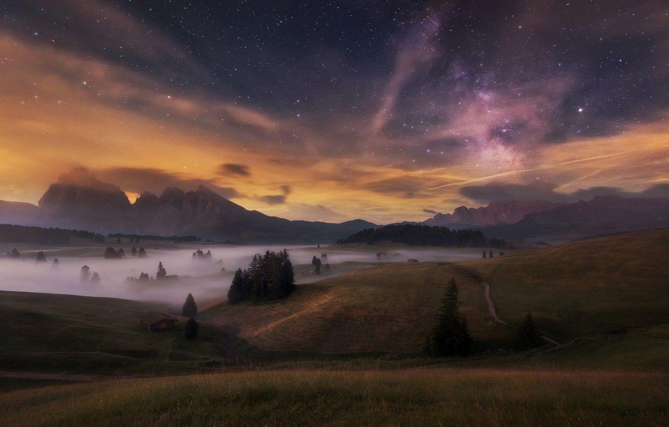 1332x850 Wallpaper summer, the sky, stars, trees, landscape, mountains