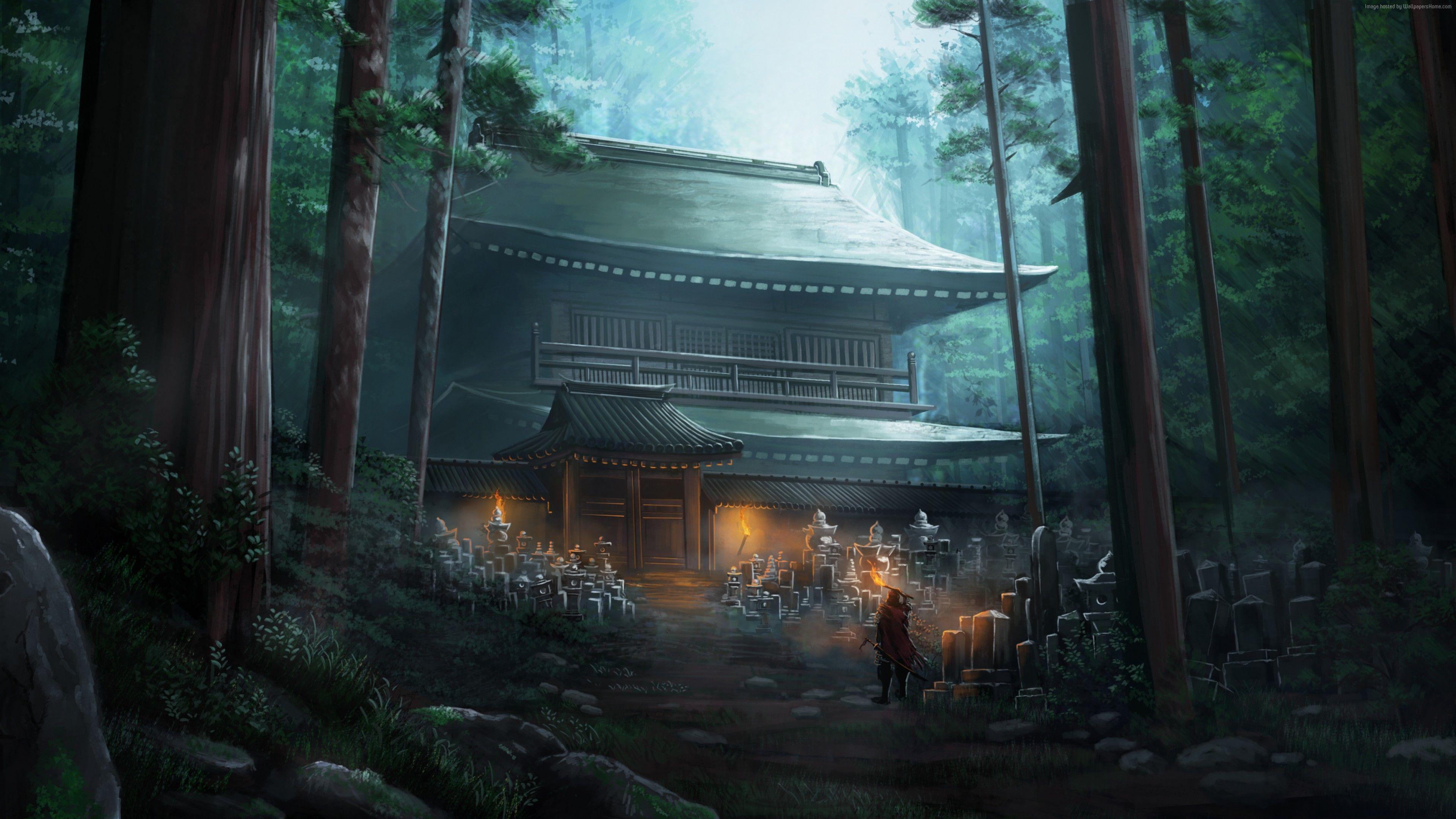 3840x2160 Wallpaper Temple, forest, 4K, Art Wallpaper Download
