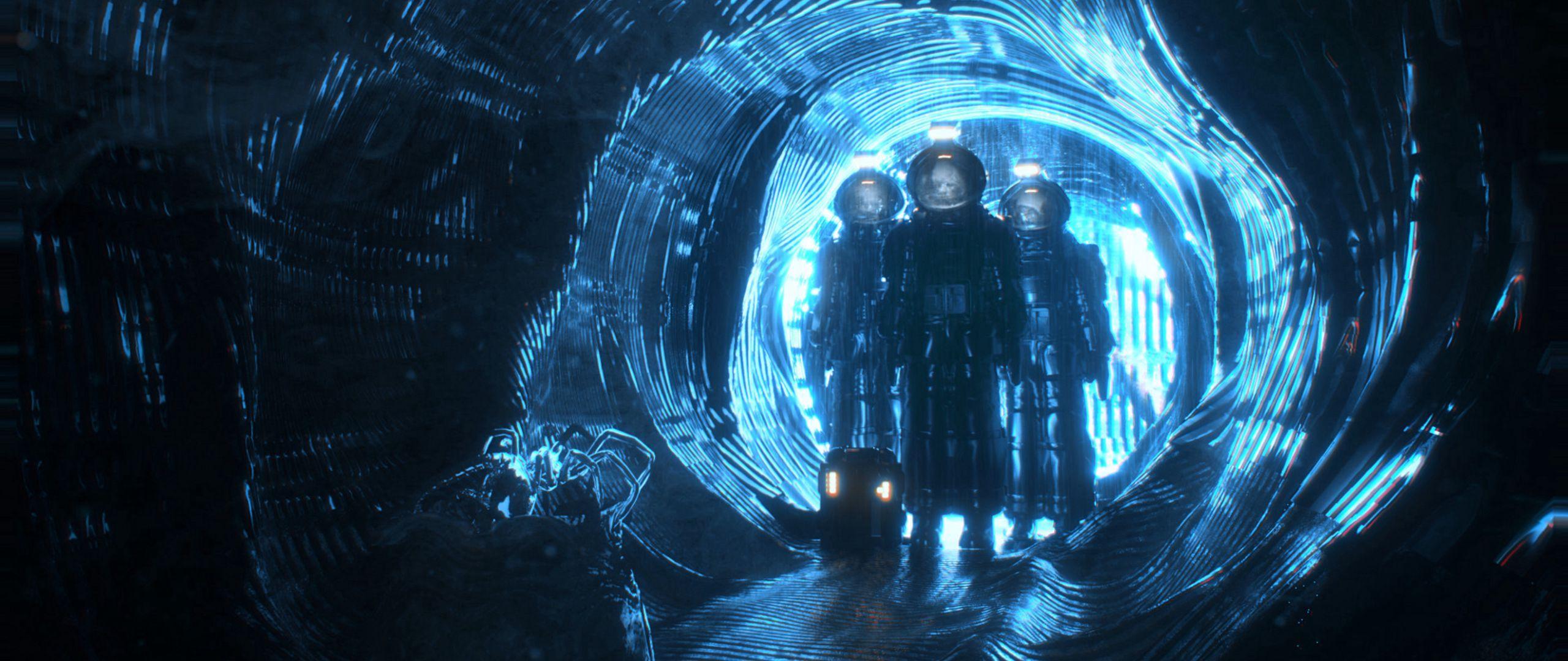2560x1080 Download wallpaper 2560x1080 cave, dark, aliens, entrance, light