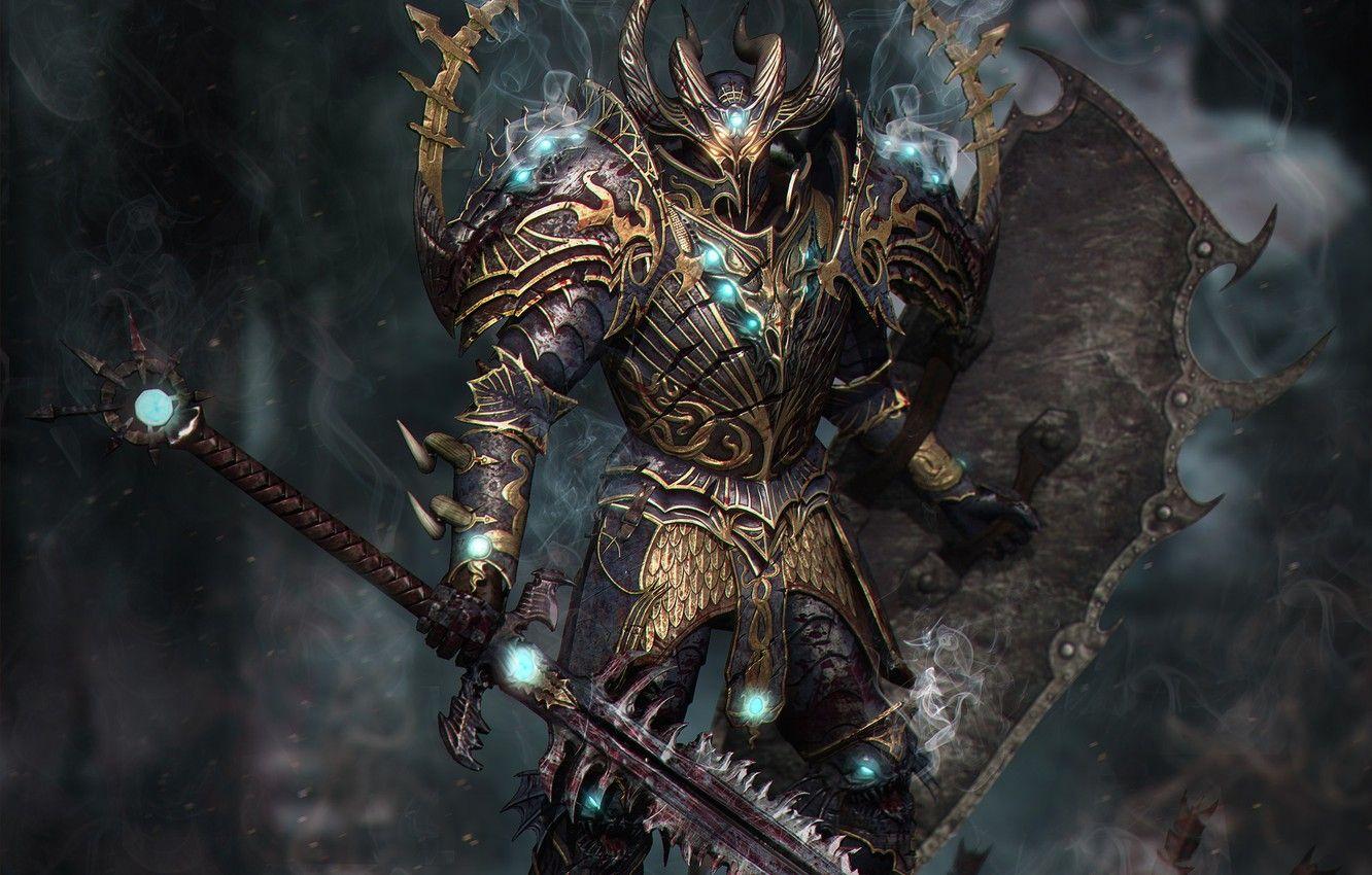 1332x850 Wallpaper magic, blood, smoke, sword, armor, shield, Knight