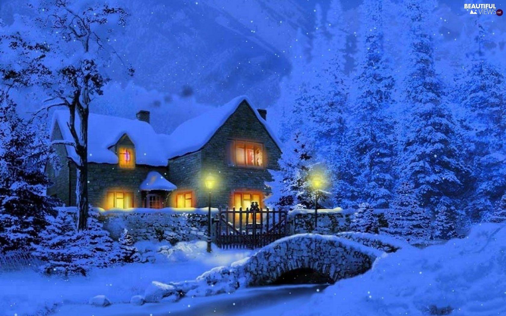 1680x1050 house, Mountains, bridge, winter, brook, woods views