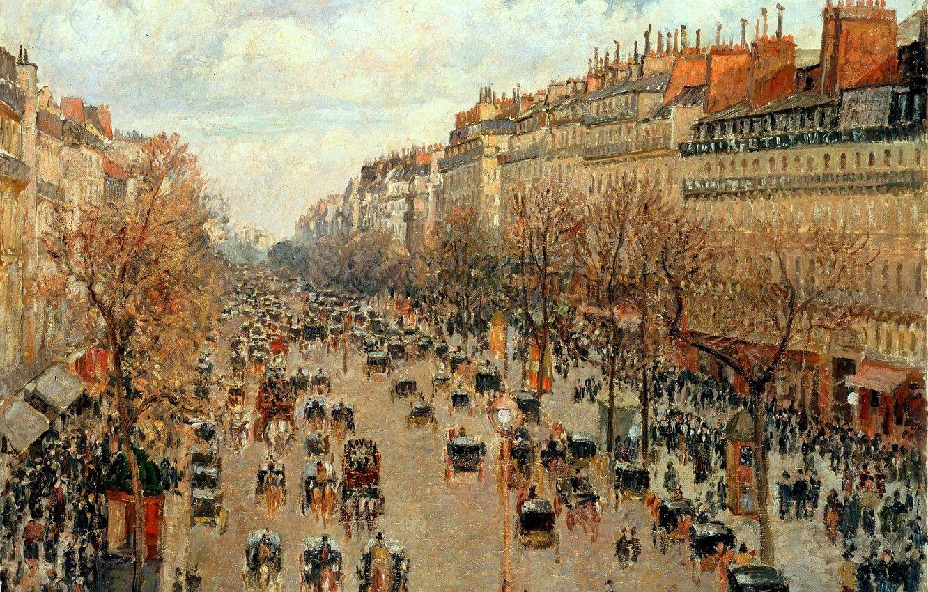 1332x850 Wallpaper the city, street, France, picture, Camille Pissarro, Boulevard Montmartre in Paris image for desktop, section живопись