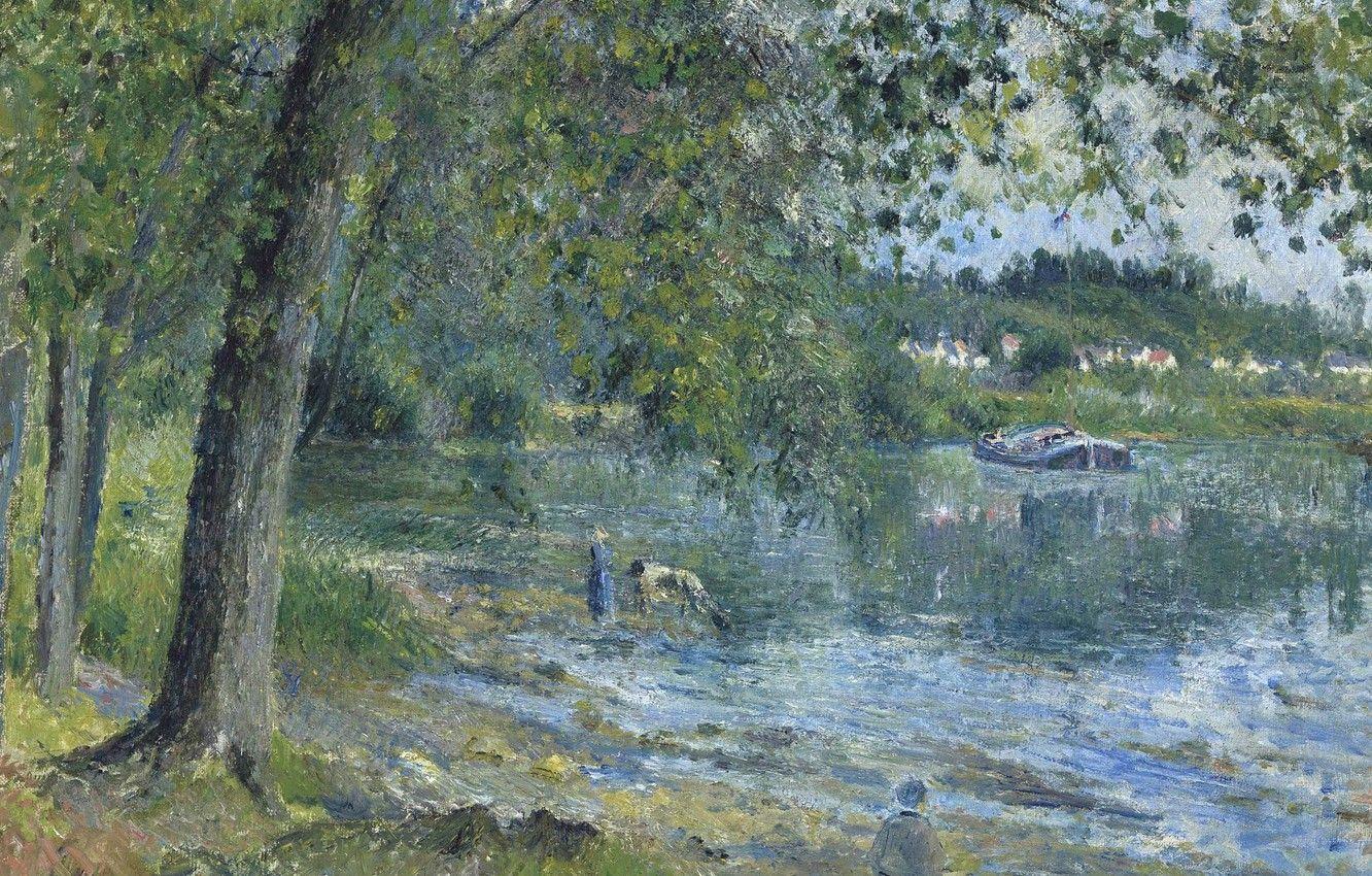 1332x850 Wallpaper landscape, nature, picture, Camille Pissarro, The banks