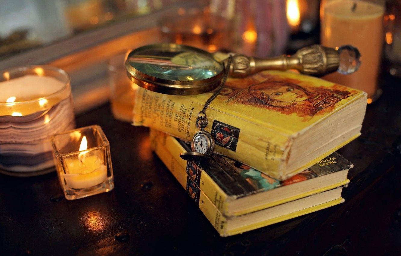 1332x850 Wallpaper candles, table, clock, miscellanea, magnifying glass