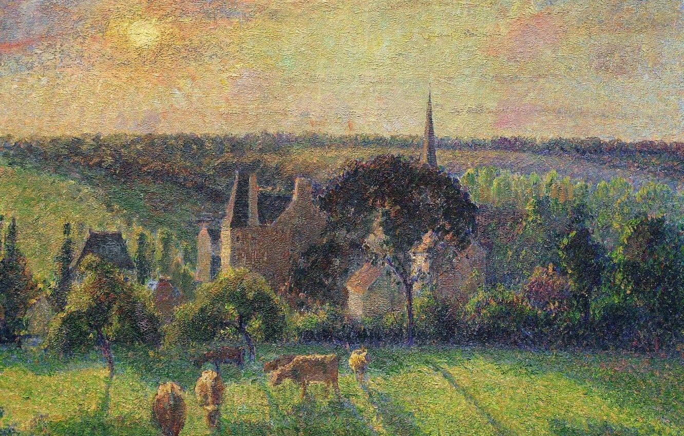 1332x850 Wallpaper sunset, hills, picture, cows, meadow, Camille Pissarro