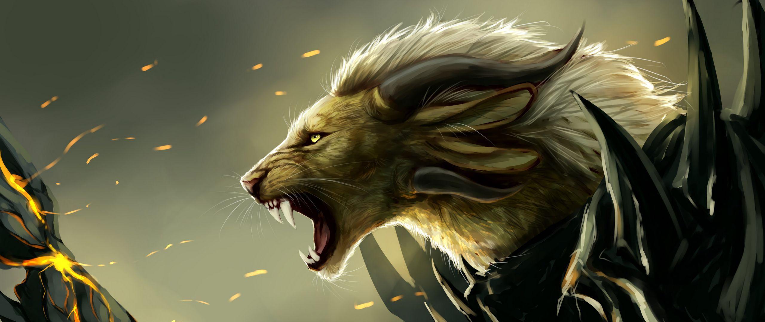 2560x1080 Download wallpaper 2560x1080 lion, grin, art, predator, fabulous