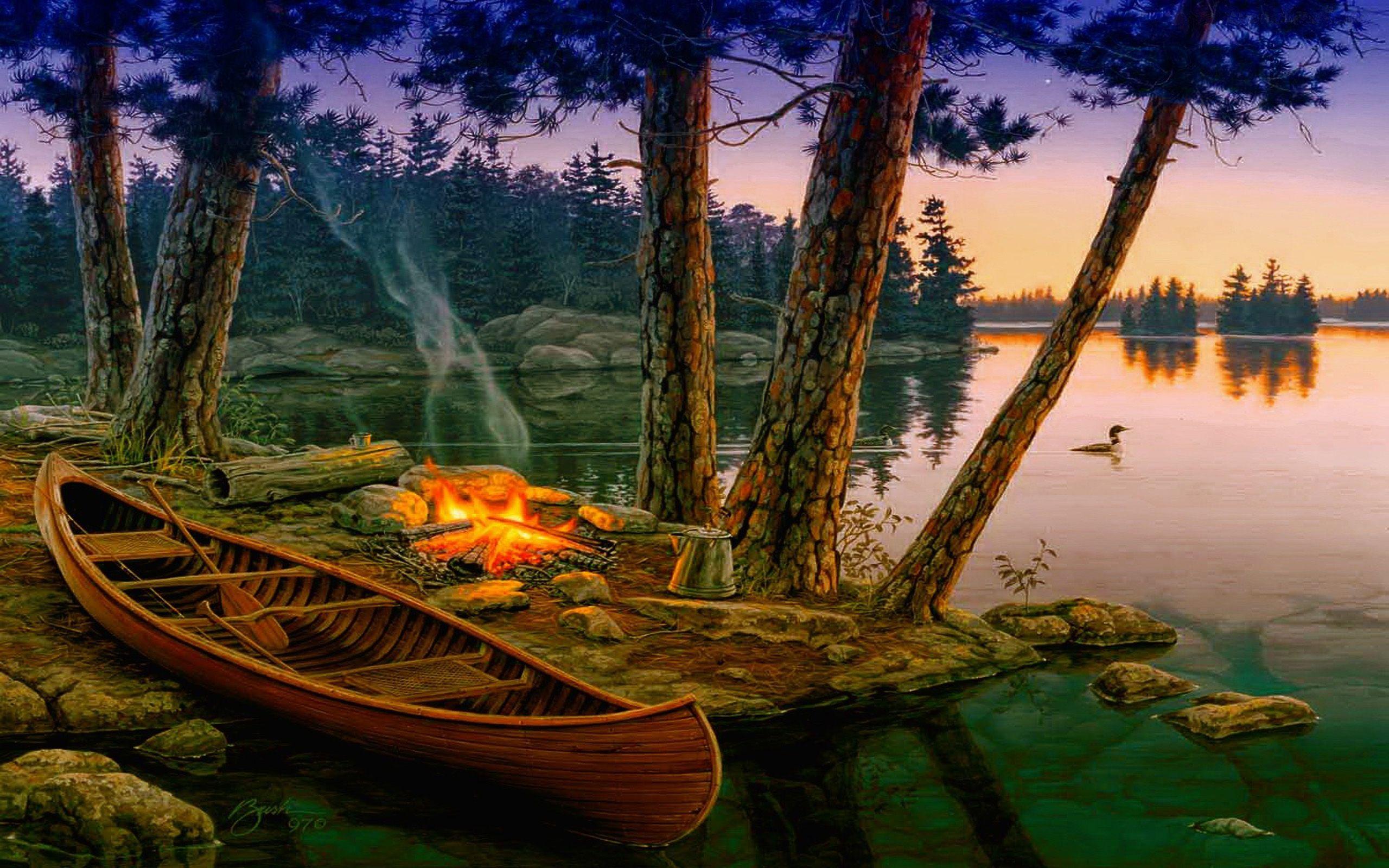 2560x1600 Romantic Background Lake Trees Boat Fire :