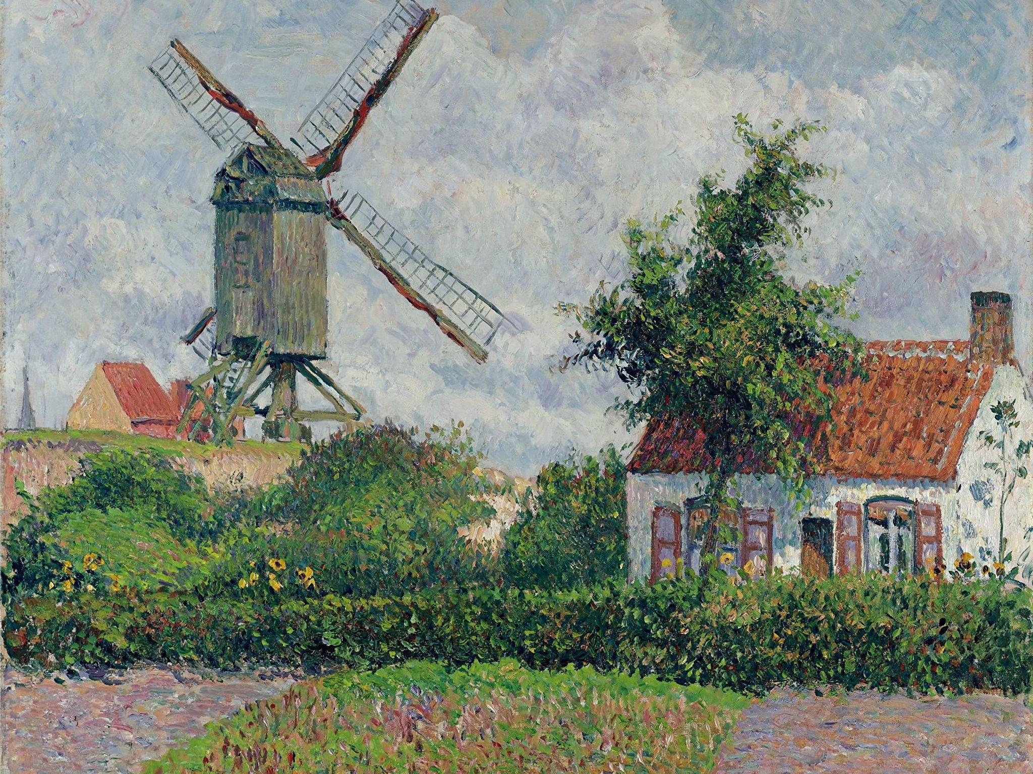 2048x1536 Wallpaper windmills Camille Pissarro, Windmill at Knokke 2048x1536