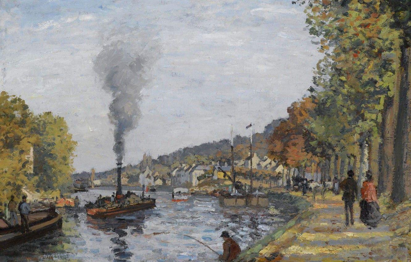 1332x850 Wallpaper river, smoke, ship, fisherman, steamer, Camille Pissarro