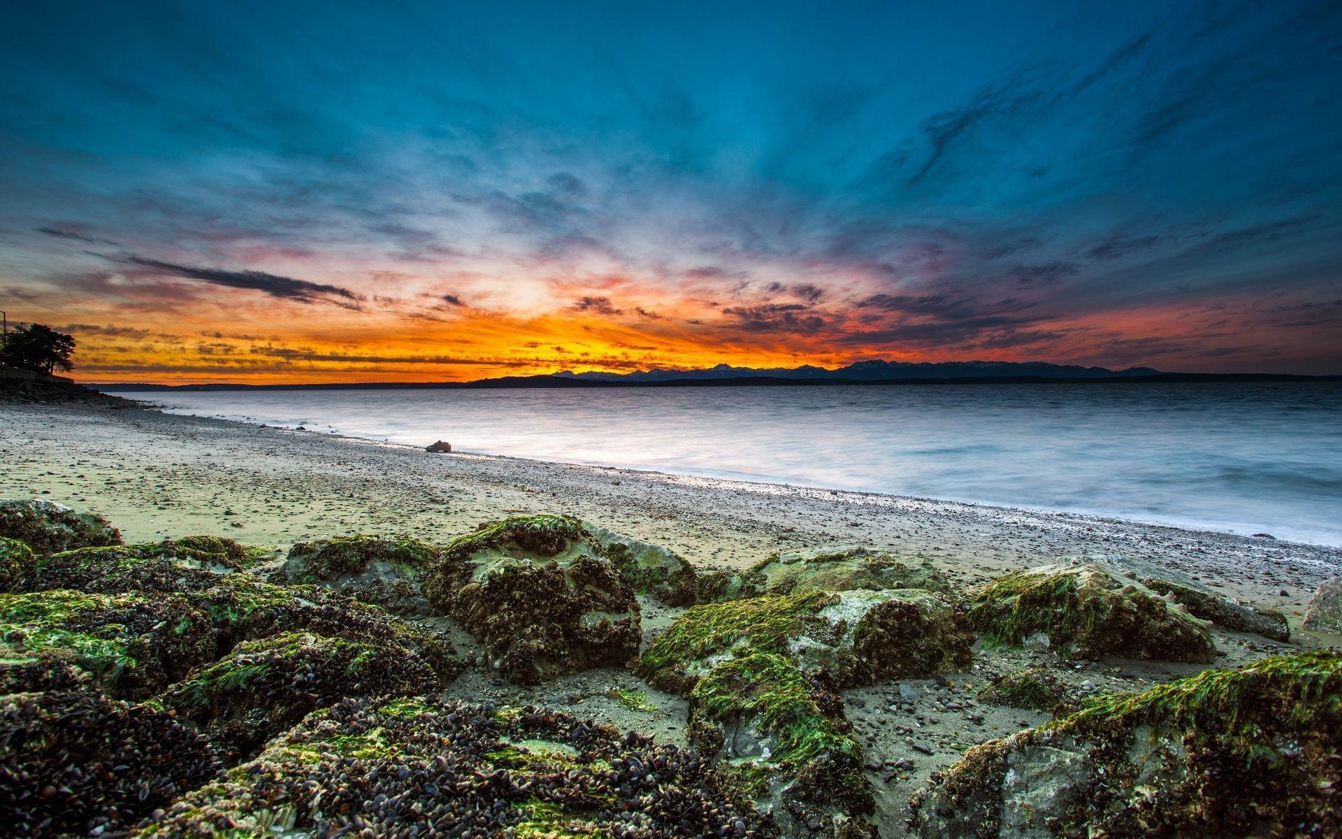 1920x1200 Ocean Beach Rocks Fiery Sunset wallpaper. Ocean Beach Rocks