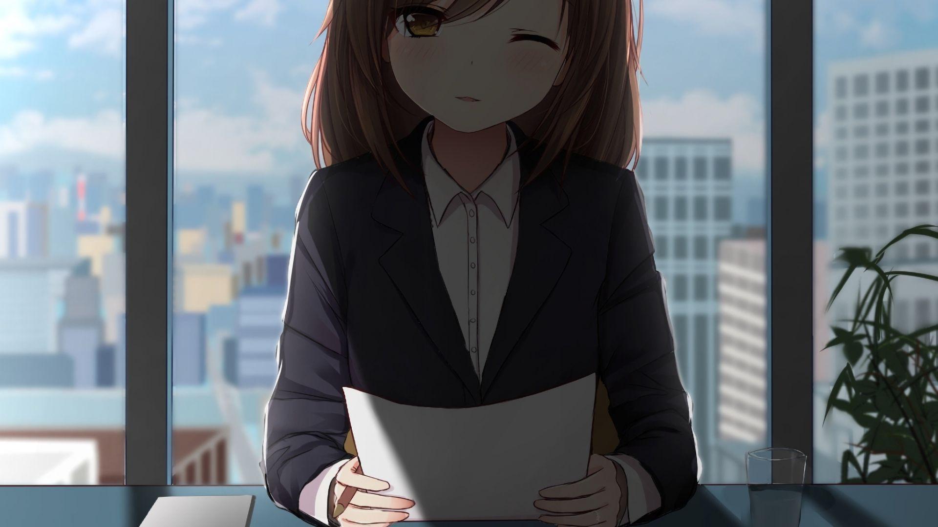 1920x1080 Desktop wallpaper office, anime girl, cute, wink, HD image, picture, background, e7ec11