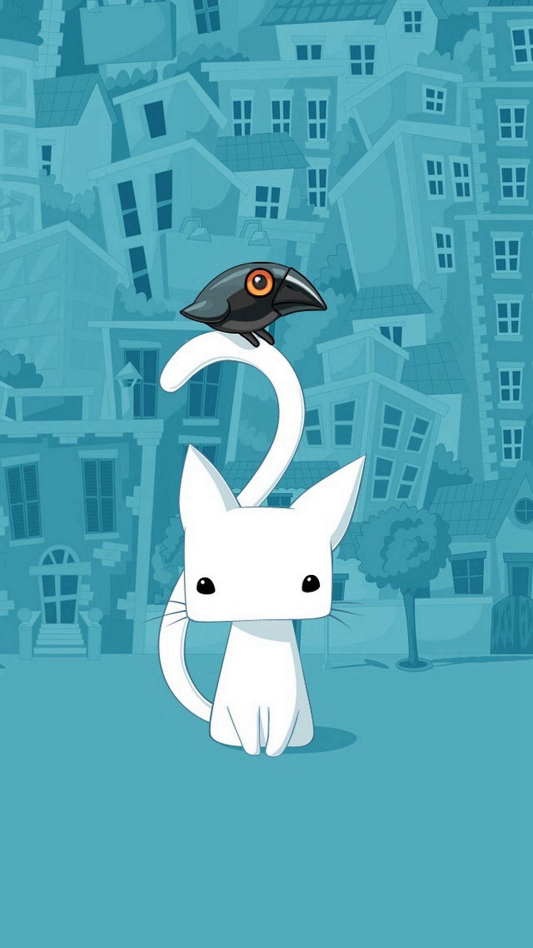 1080x1920 Cute City Bird And Cat Illustration iPhone 8 Wallpaper Free Download
